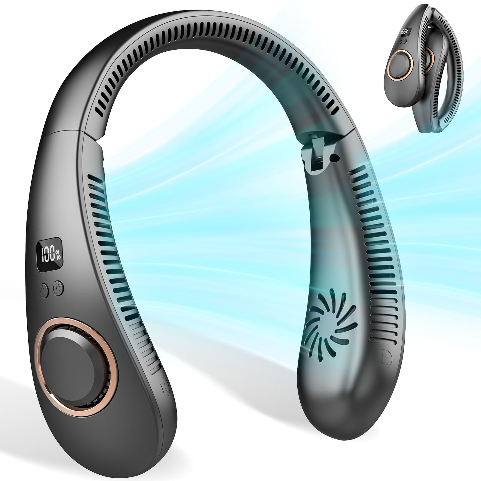 Neck Fan Rechargeable,Portable Neck Fan that Blow Cold Air Battery Operated,Folding Personal Fan Neck Hands Free,Bladeless Cooling Neck Fan Electric Wearable Necklace Fan for Travel Airplane Black