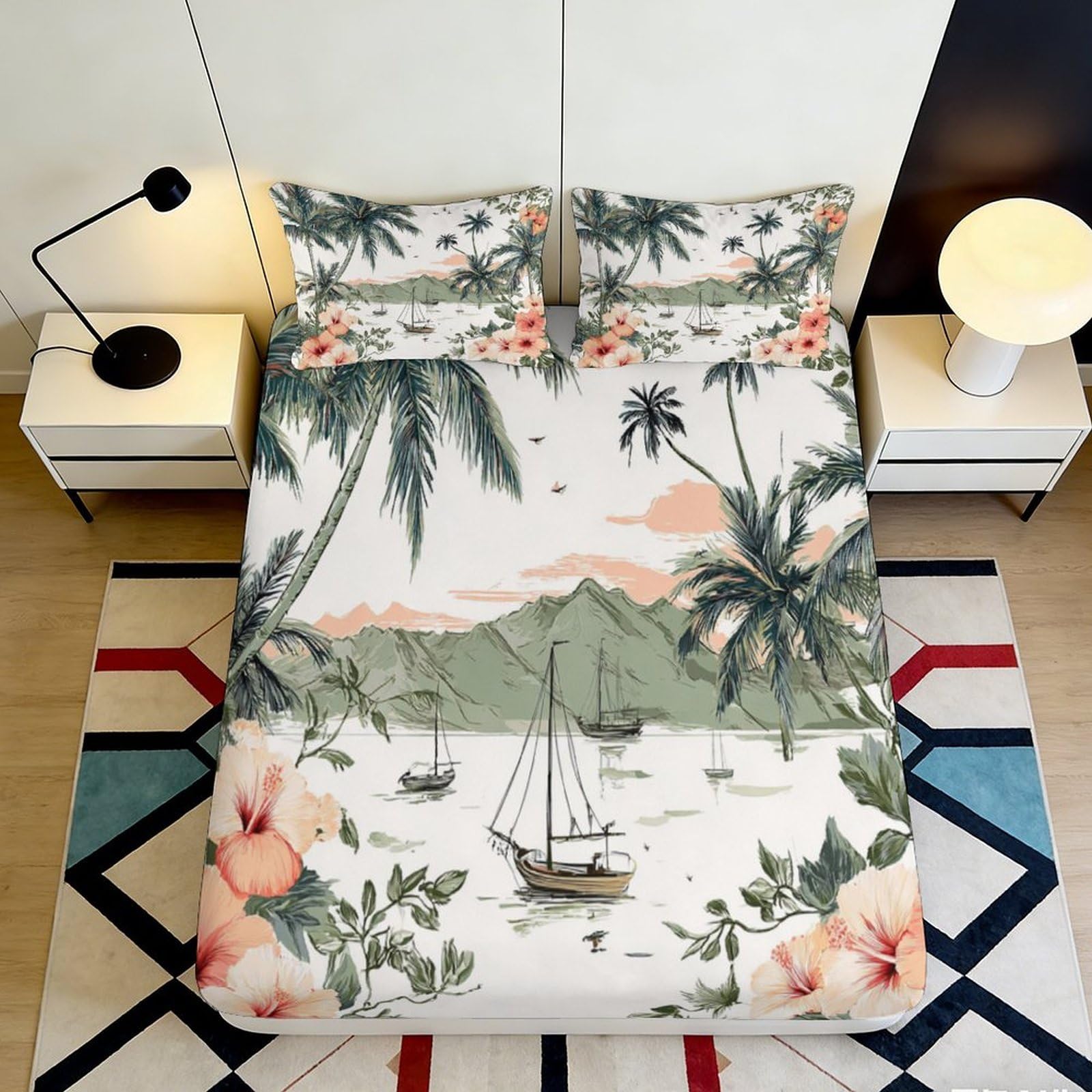 3D Printed Tropical Sunset Fitted Sheet Microfiber Soft Palm Tree Mattress Cover Bedroom Decor Anti-Slip Washable 160x200x25cm