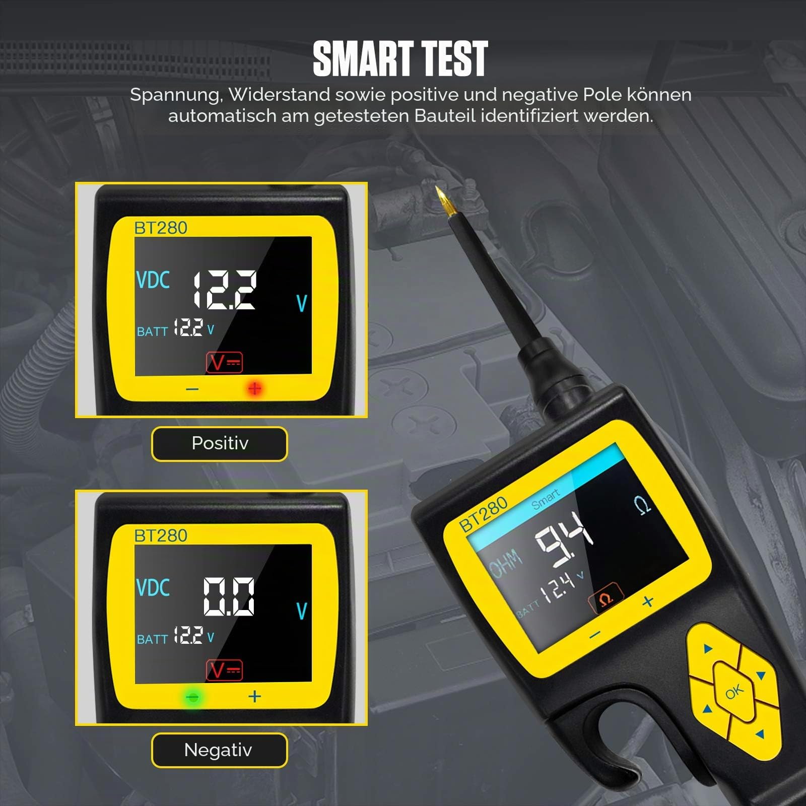 AUTOOL BT280 Schaltkreis Tester für elektrische Systeme, Werkzeuge für elektronische Systeme in Kraftfahrzeugen, Diagnosewerkzeug für elektrische Systeme mit 9 V bis 30 V und 2,4-Zoll-LCD-Display
