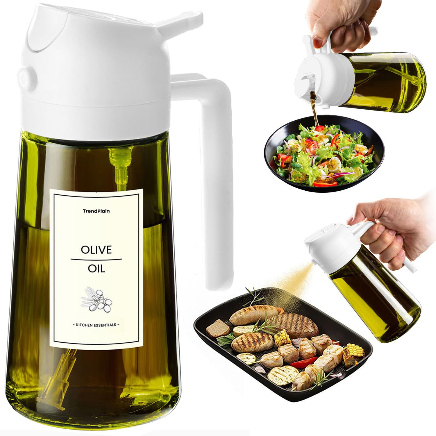 TrendPlain - Original 16oz/470ml Olive Oil Dispenser Bottle for Kitchen Gadgets and Air Fryer Accessories - Olive Oil Sprayer for Cooking w/Stickers - White