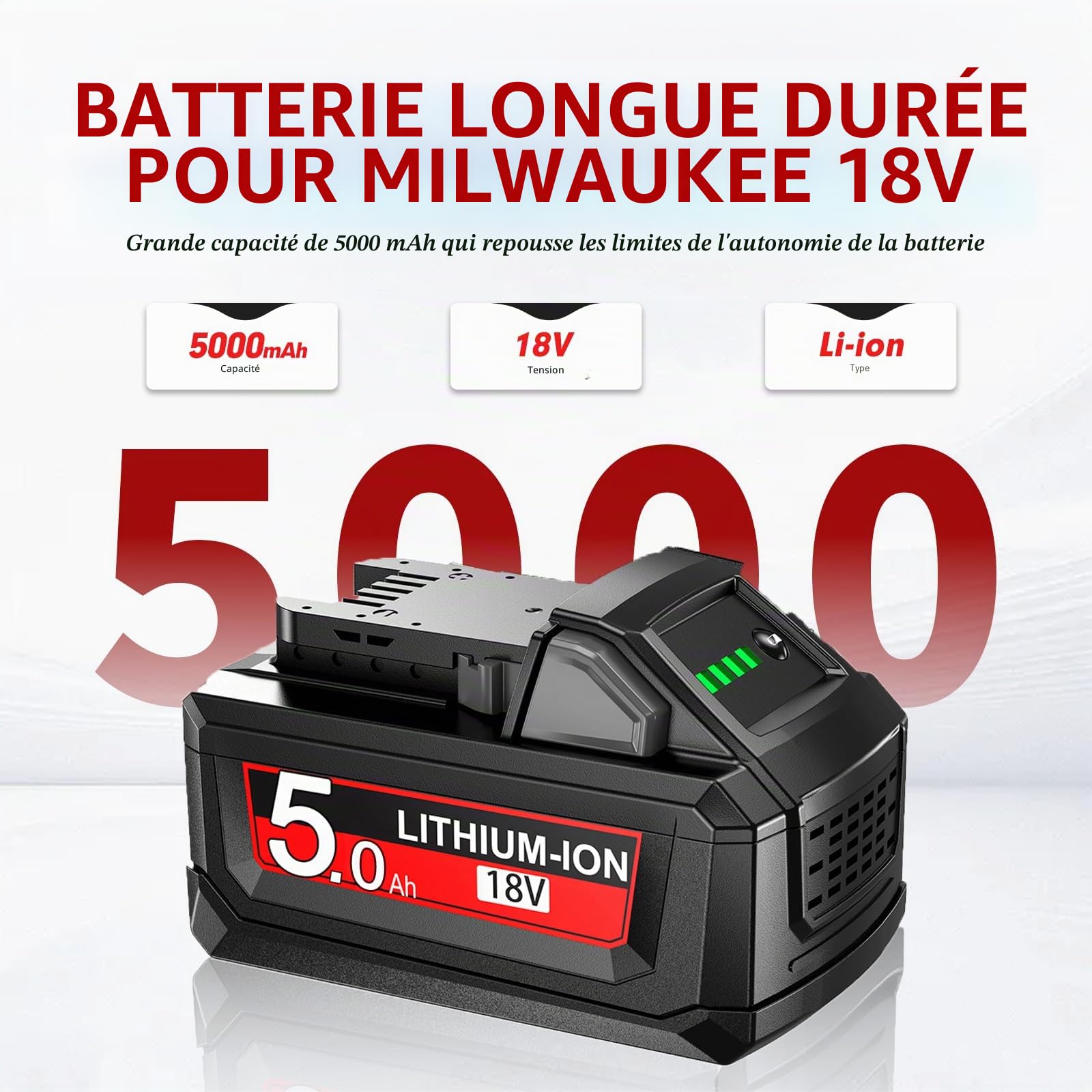 Lot de 2 batteries de rechange 18 V 5,0 Ah/5000 mAh pour chargeur Milwaukee et DC18RC compatibles avec M18B 48-11-1840 48-11-1850 48-11-1828 48-11-1815 48-11-1820 48-11-1820 11-18 22 48-59-1812 48-59