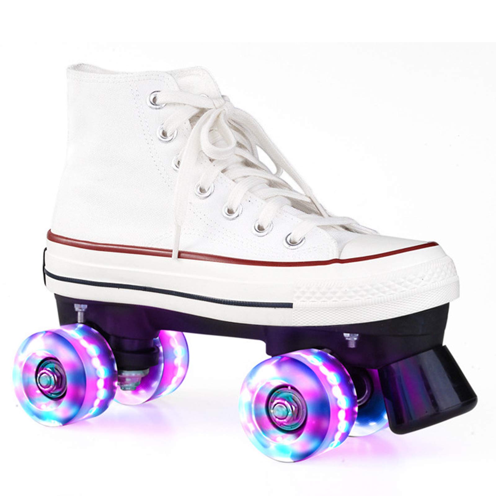 Podwójne rzędy Canvas Flash Rollerki Quad z kółkami LED PU światło w górę, oddychające buty retro dla dorosłych Chłopiec Dziewczyna Początkujący Nastolatki, Biały, EU34/ UK2.5