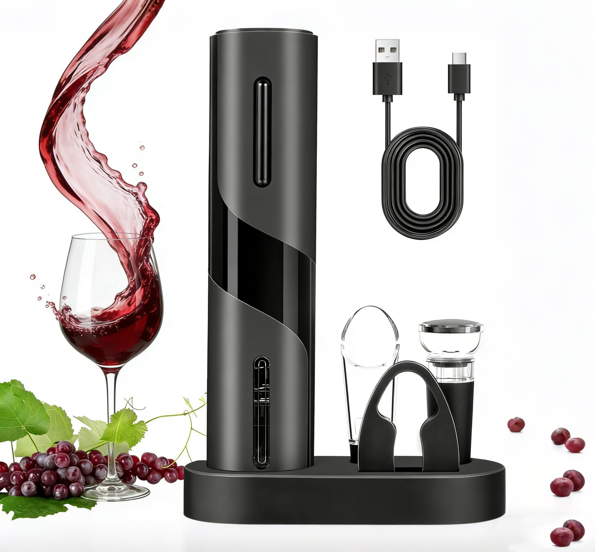 PEIPU Electric Wine Opener Set, Rechargeable 6-in-1 Wine Gifts for Wine Lovers with Storage Base, Foil Cutter, Wine Aerator Pourer &amp; Vacuum Stoppers (Ink Black)
