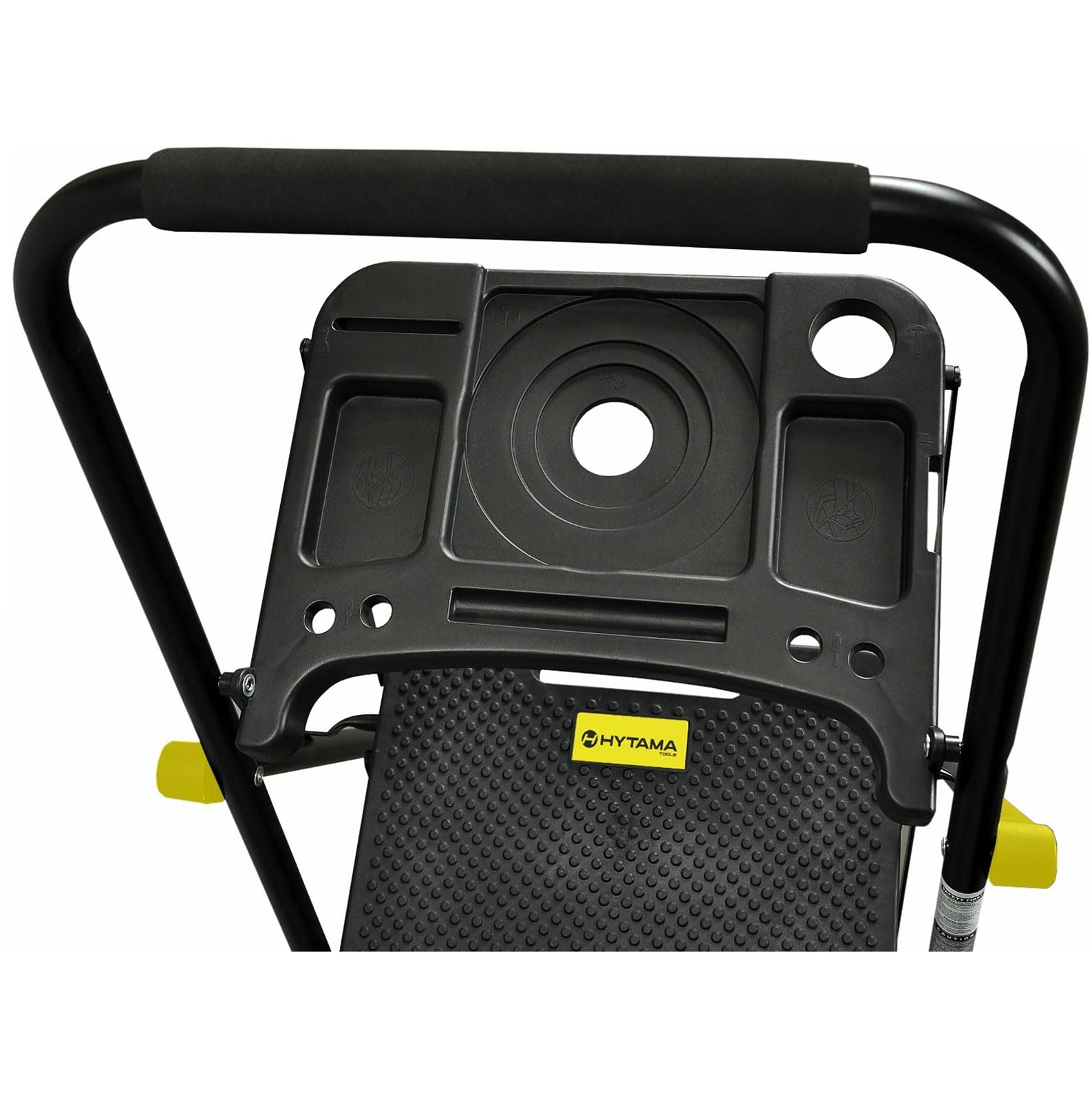 HYTAMA Scala Scaletta Pieghevole 3 Gradini Nero PLUS con Portaoggetti con Piedini Antiscivolo, Struttura in Acciaio, Impugnatura in Spugna, Leggera, Multiuso, Certificata EN14183 testata fino a 250Kg