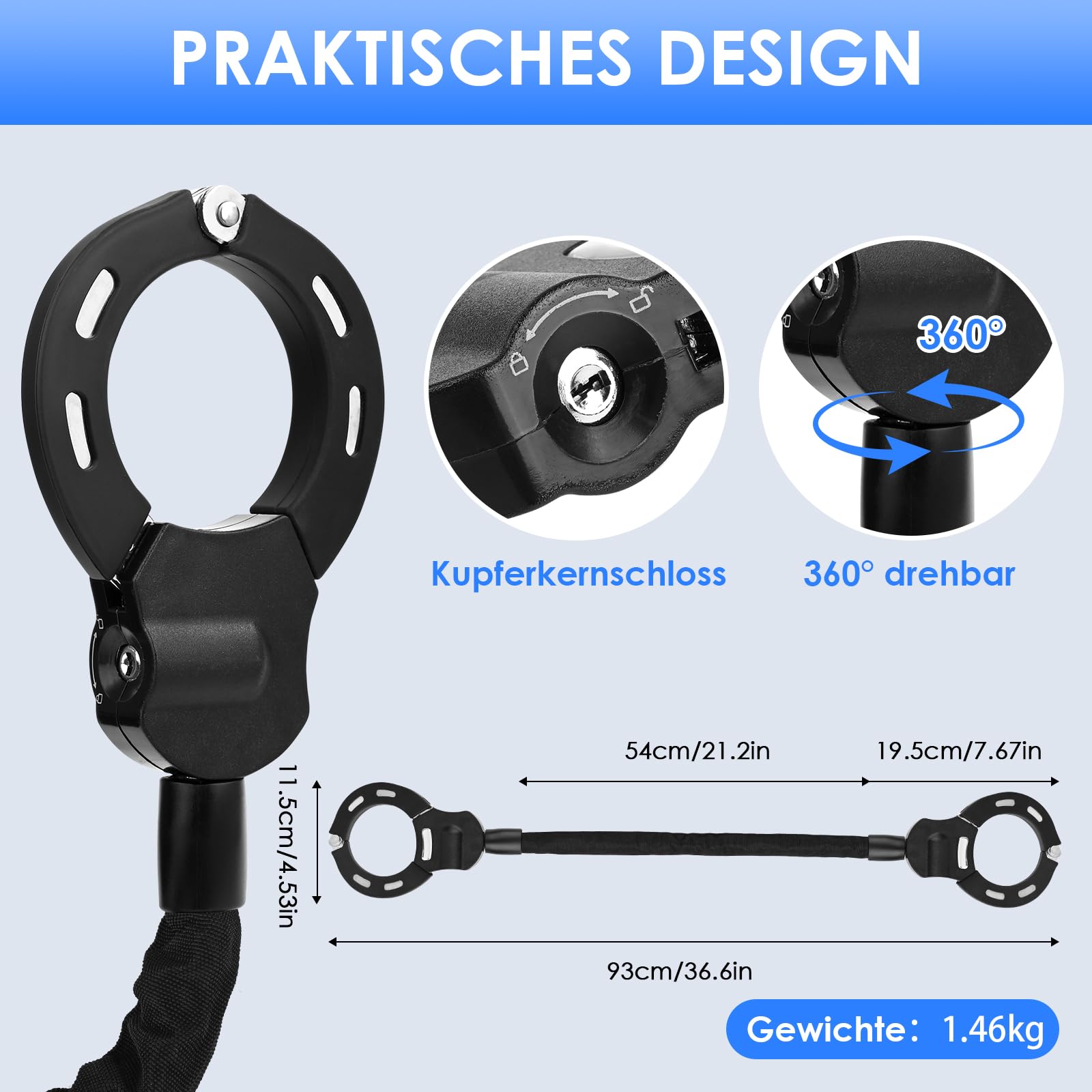 GuKKK E-scooterslot, handboeislot met sleutel, fietsslot voor e-scooter met rubberen lock-huls, 60 cm, 0,9 kg, hoog veiligheidsslot, ideaal voor scooter, fiets en e-bike, motorfiets