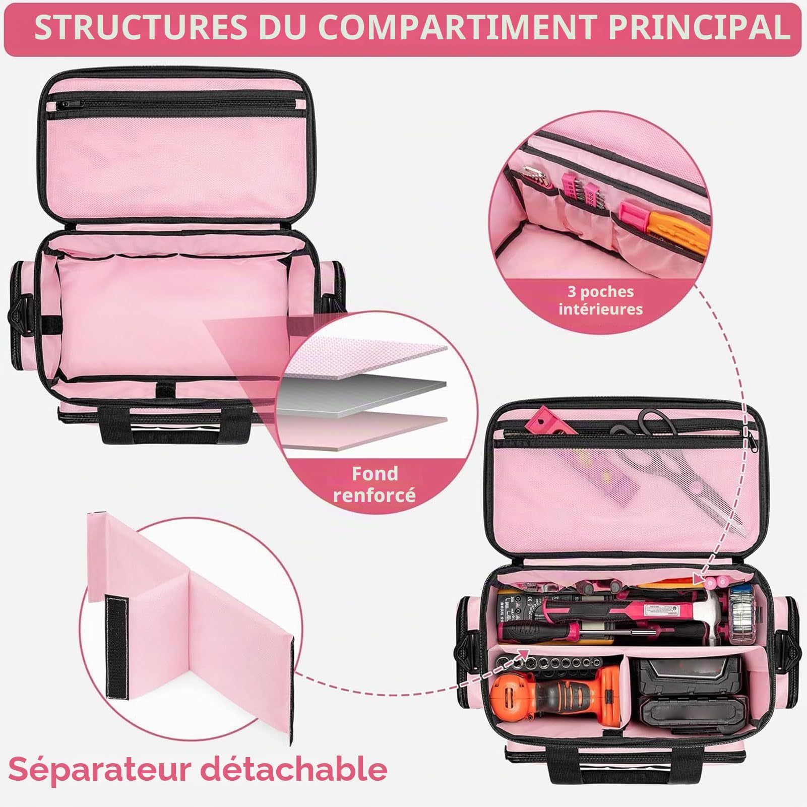 Sac à Outils, Grand Sac de Rangement pour Organisateur Fourre-tout à Outils 14 Pouces avec Bandoulière, Sacs à Outils D'électricien Portables, Boîte à Outils, étui Rangement (PINK)