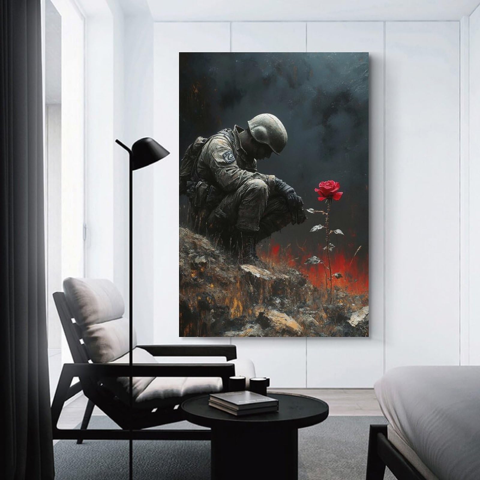 Junmoney Unframe-Style-21 Soldier And Rose In War Landscape Canvas Wall Decor, 24X36inch(60X90cm), For Wall Displays, Bedrooms Or Room Updates, Wall Decor Suited To Curated Displays