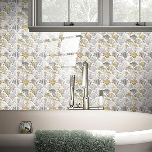 Miniatura 9 de Lukery 25 hojas de azulejos de despegar y pegar, impermeables, contra salpicaduras para cocina, escamas de peces 3D, azulejos autoadhesivos,