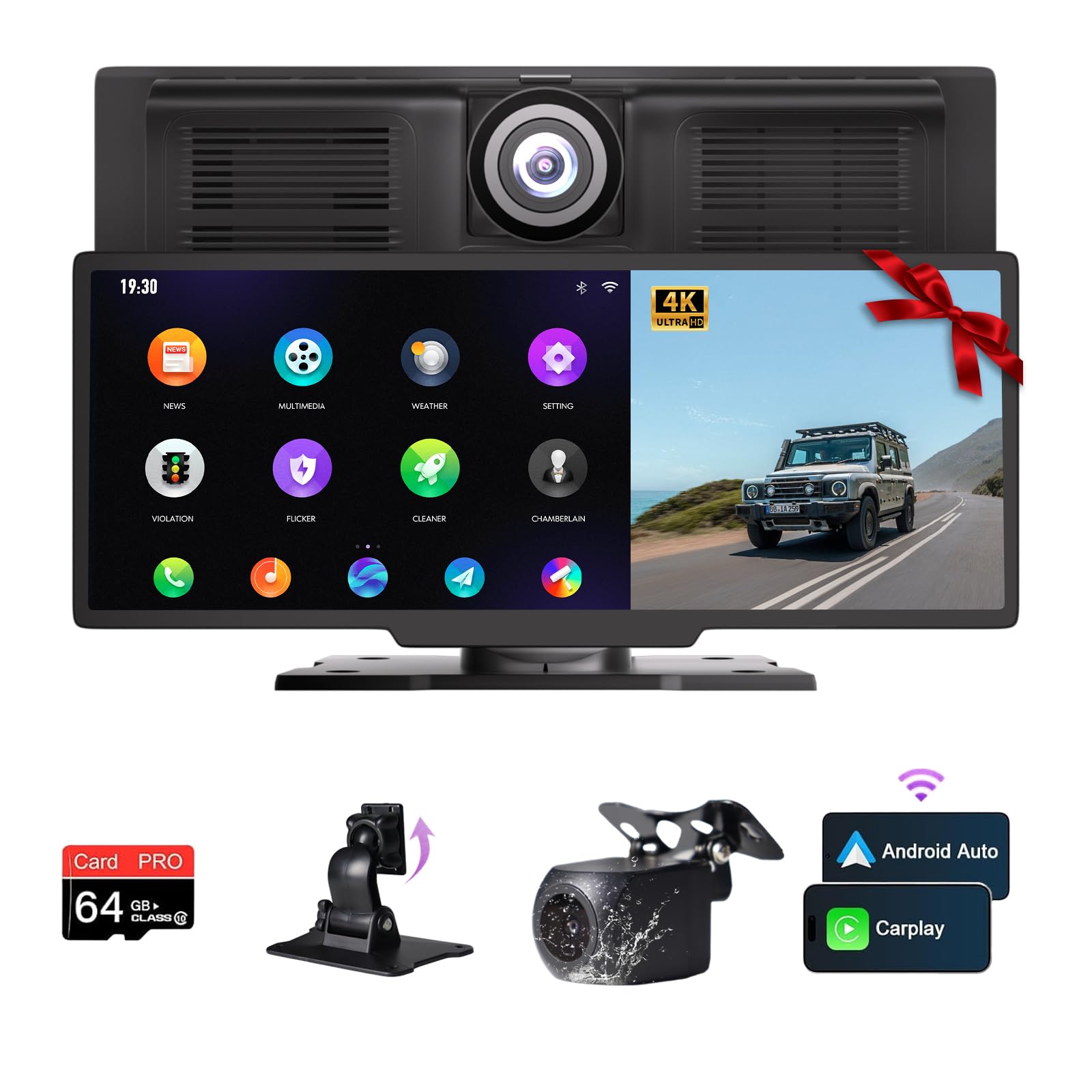 NUOTIAN Carplay Android Auto Wireless, 10.26" schermo per auto, Telecamera di Retromarcia 1080P, GPS, Ricevitori Audio per Auto, Mirror Link, Controllo Vocale, FM/Bluetooth, Con Scheda 64GB, 4K