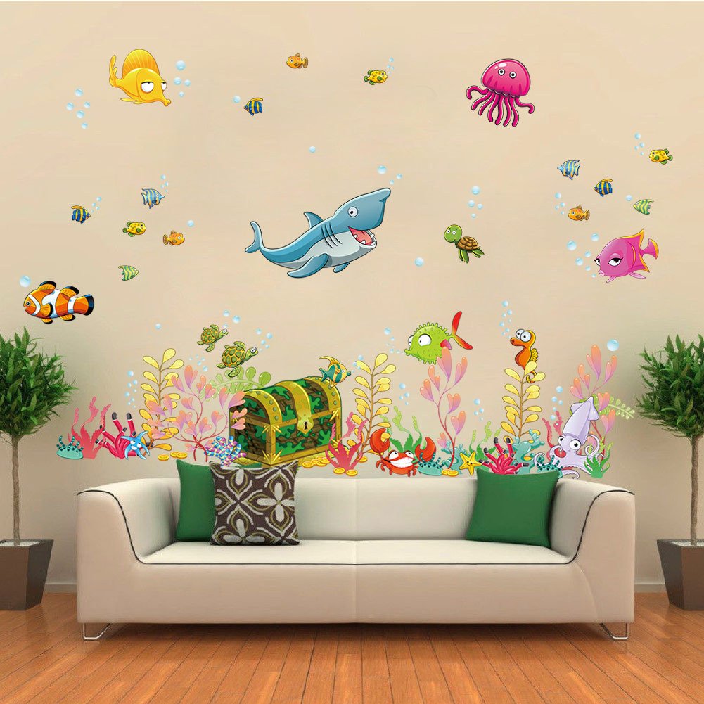 BPA® Cartoon DIY Wall Stickers Underwater World Sea Various Shark Fish Ocean Art Kids Child Room Decal, 122x68 cm