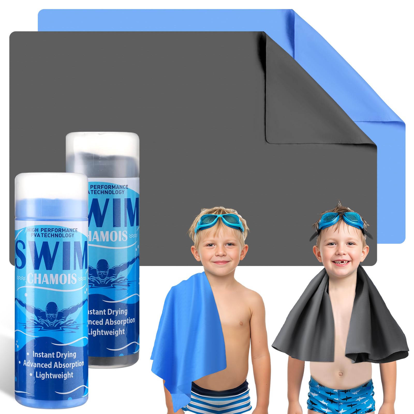 SmoothNovelty 2 Pack Swim Chamois Towel Water Absorbent Quick Dry Towel Shammy Chamois Cloth for Swimming Car Drying Diving Water Sports Beach Shower Pool Swimmer Gift (Blue, Grey,13 x 17 Inch)