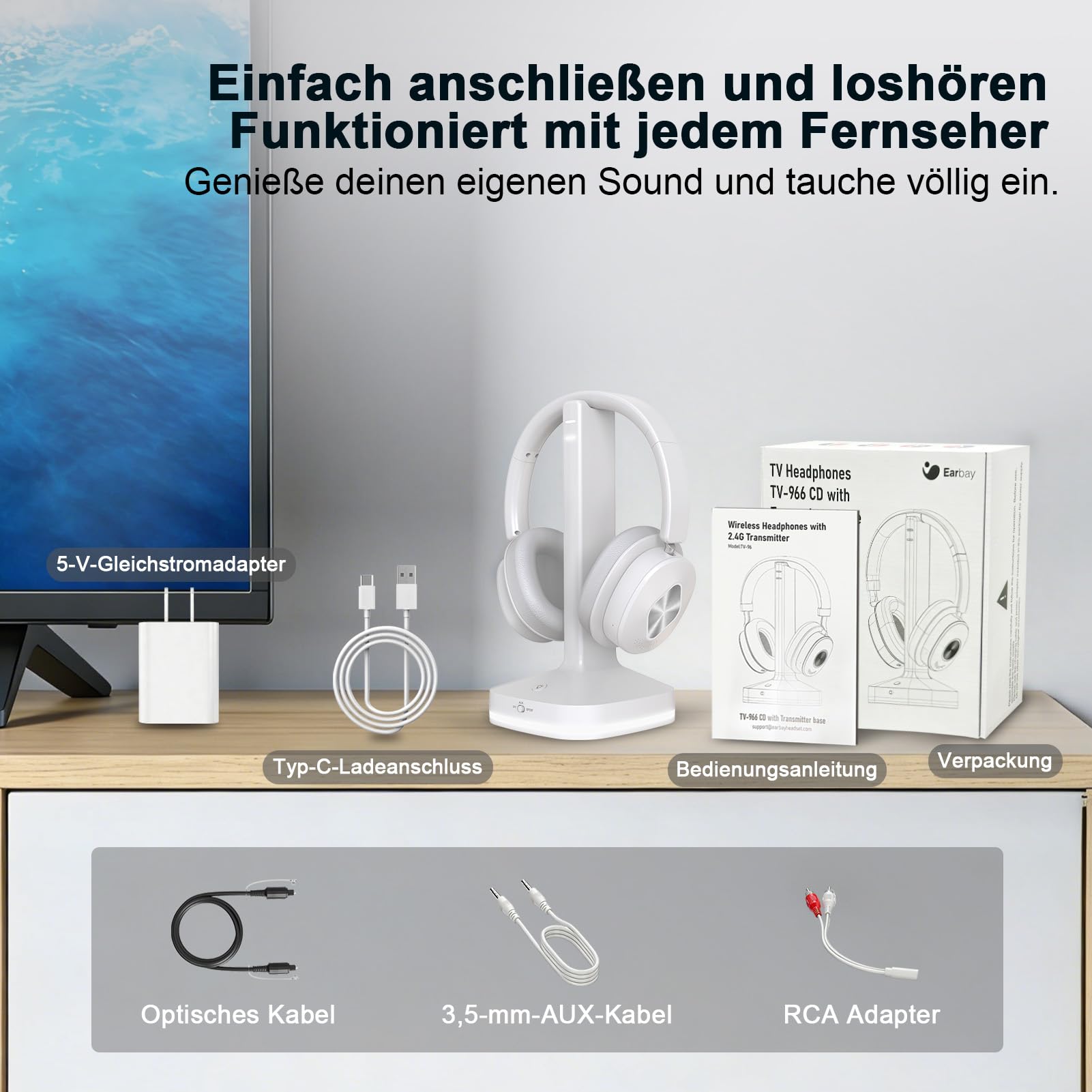 Earbay Funkkopfhörer für Fernseher, TV kopfhörer kabellos für Senioren mit Sender-Ladestation,Bluetooth 5.4 Over-Ear Kopfhörer mit 3 Audiomodi & ohne Audio-Verzögerung, Geschenk für Senioren/Eltern