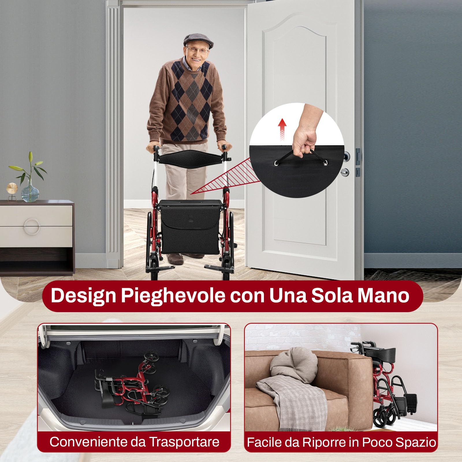 COSTWAY Deambulatore 2 in 1 per Anziani in Alluminio, Rollator Pieghevole e Regolabile in Altezza con Sedia, Schienale Reversibile, Manici Regolabili, Ruote, Poggiapiedi e Borsa Rimovibile (Rosso)