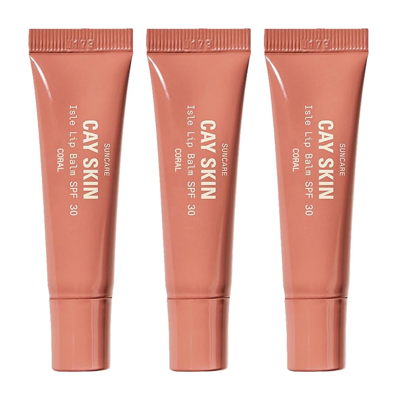 Cay Skin Isle Lip Balm FPS 30, brilho labial translúcido com fragrância de baunilha e açúcar mascavo, Coral, pacote com 3, 30 mL