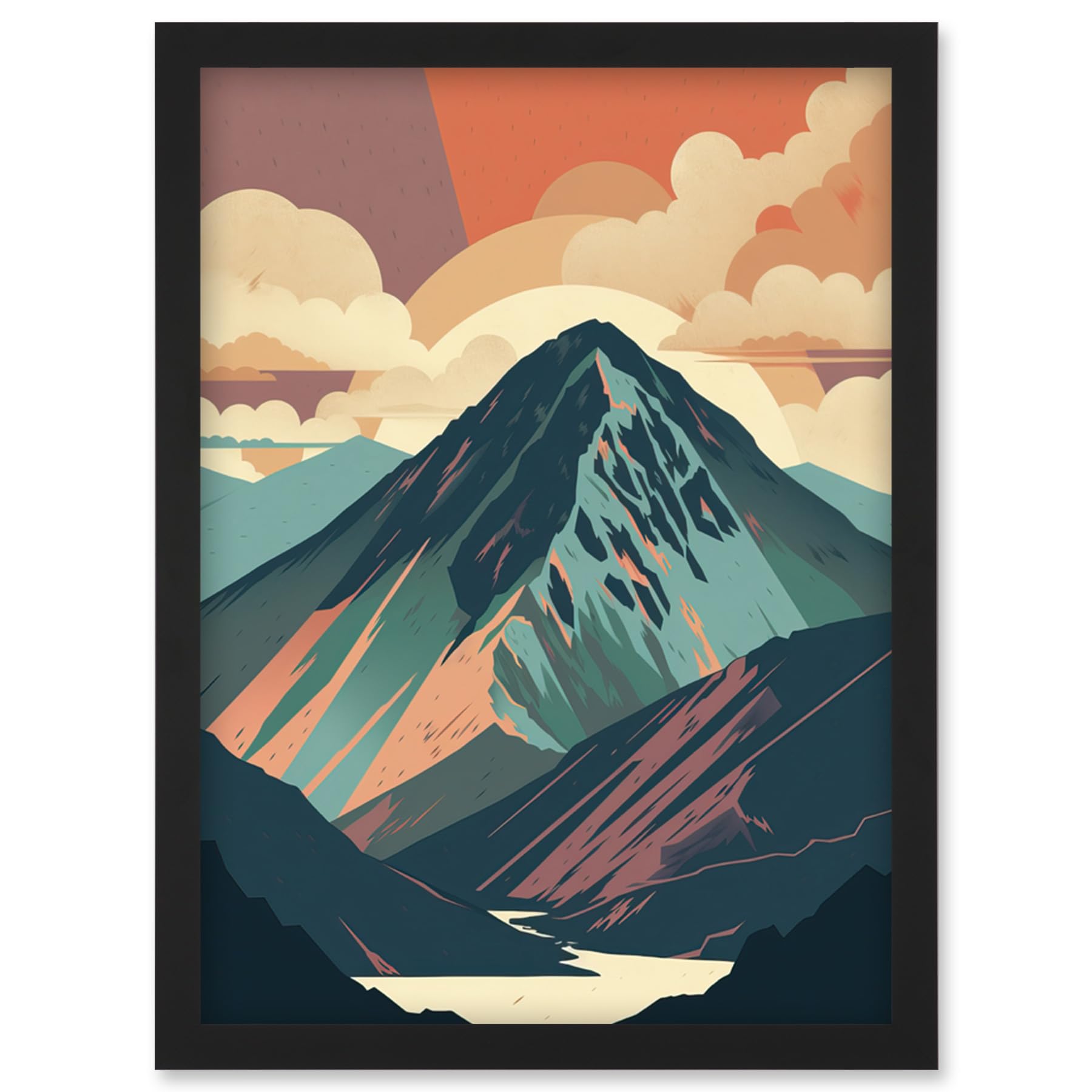 Artery8 Framed Wall Art Print - Mountain Hill Sunrise Boho Landscape Illustration - A4