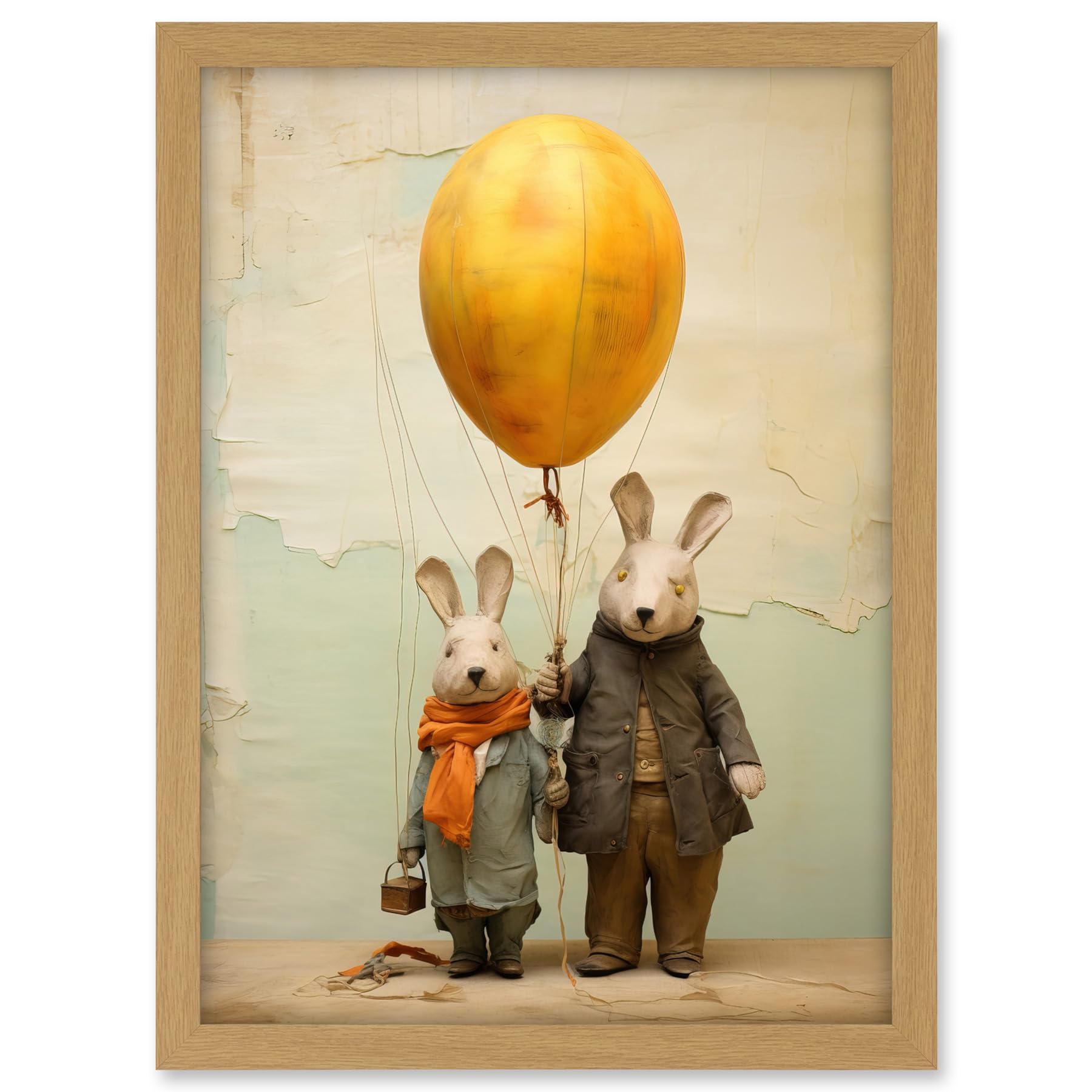 Artery8 Cute Nursery Artwork Rabbits and Balloon Adventure Oil Painting Artwork Framed A3 Wall Art Print
