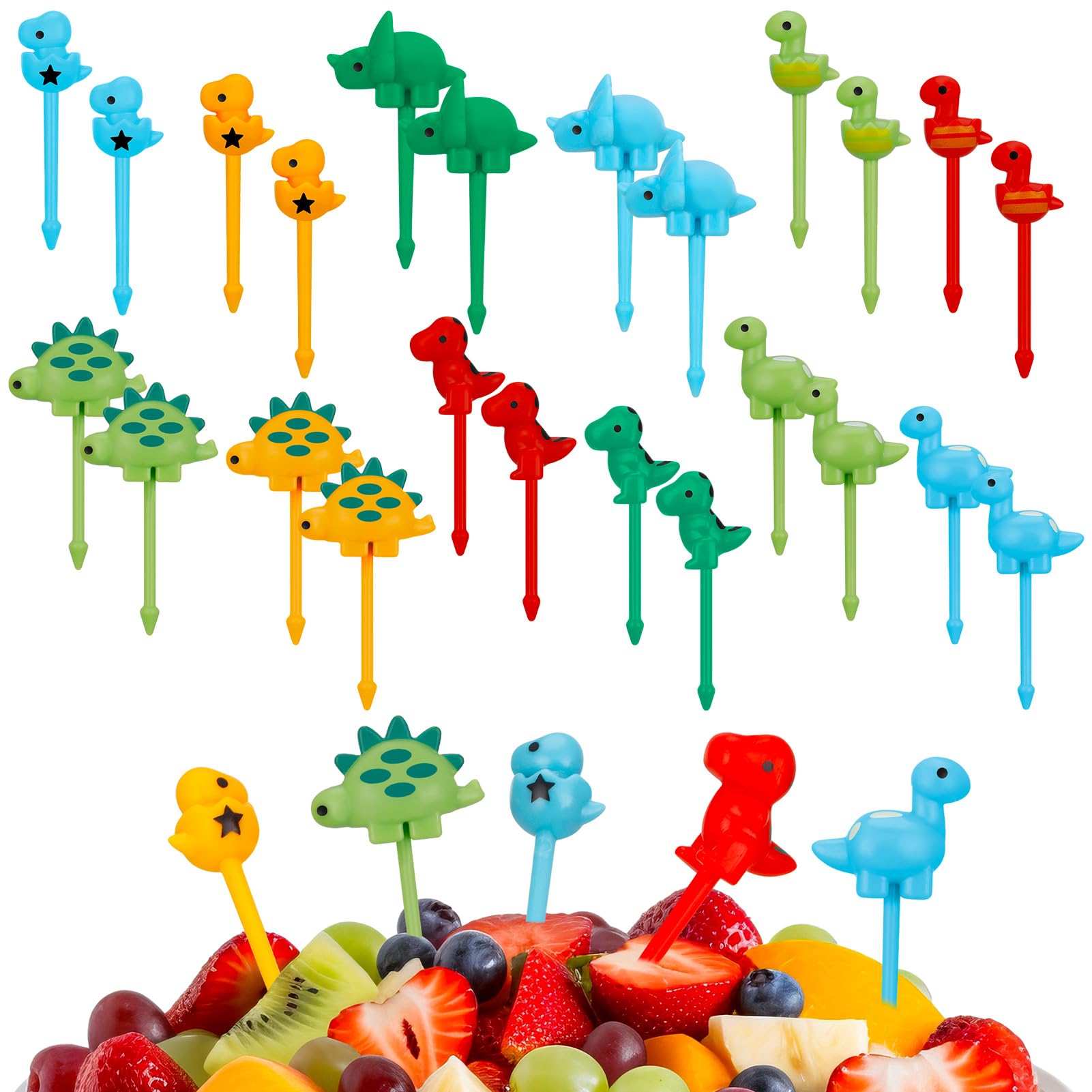 umorismo 24 Stück Food Picks Obstgabeln Kinder Spieße Fingerfood, 3D Dinosaurier Mini Gabeln für Kinder Wiederverwendbar Plastik Gabel für Lunchbox, Party, Nachmittagstee, Geburtstagsfeier