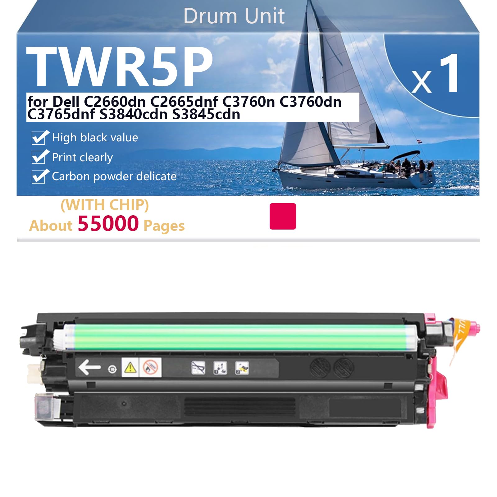 TWR5P 331-8434 59J78 Unità Tamburo Compatibile con Chip per Dell C2660dn C2665dnf C3760n C3760dn C3765dnf S3840cdn S3845cdn Stampanti, Elevata Capacità 60000 Pagine,Magenta-1 pack
