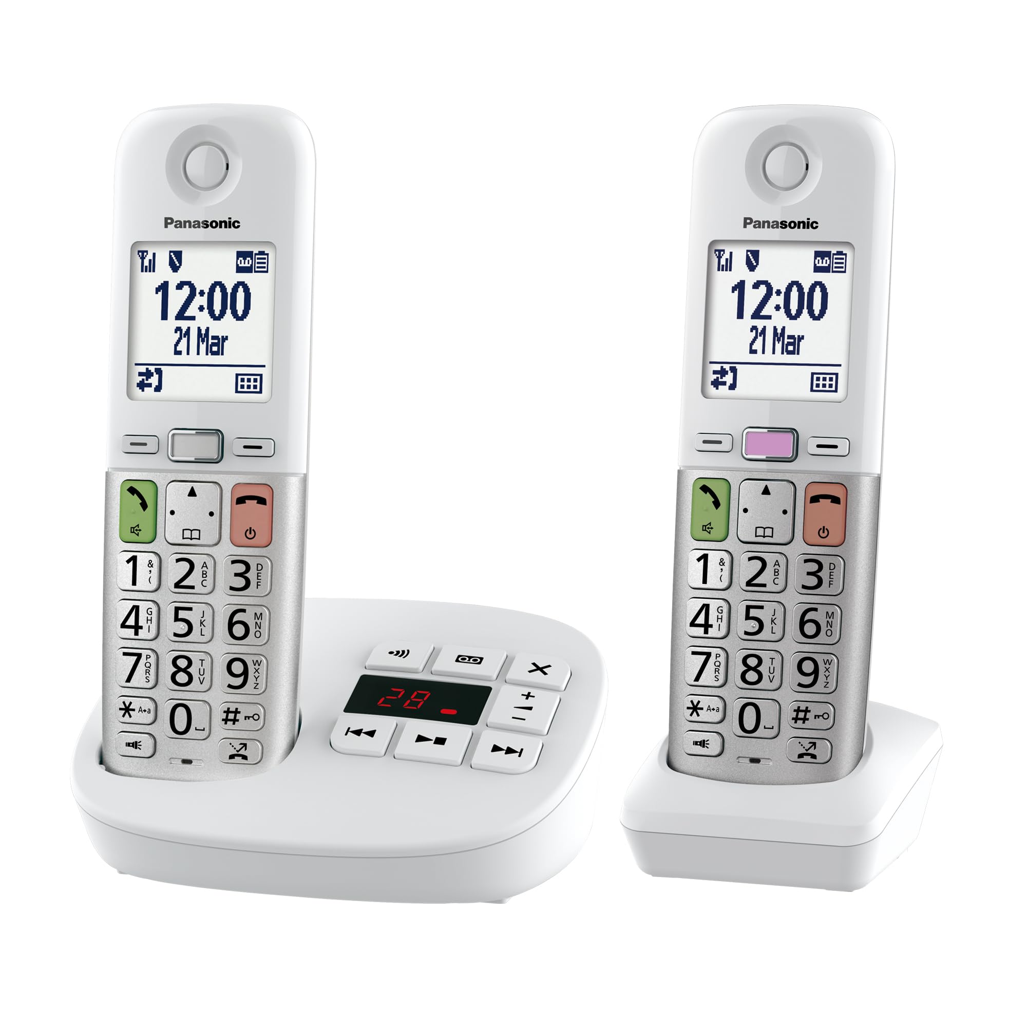 Panasonic KX-TGU432EXW Telefono Cordless Digitale con Segreteria Telefonica, Unità Base e 2 Ricevitori, Display LCD, Fav Call, Torcia, Compatibile con Apparecchi Acustici, Bianco e Argento