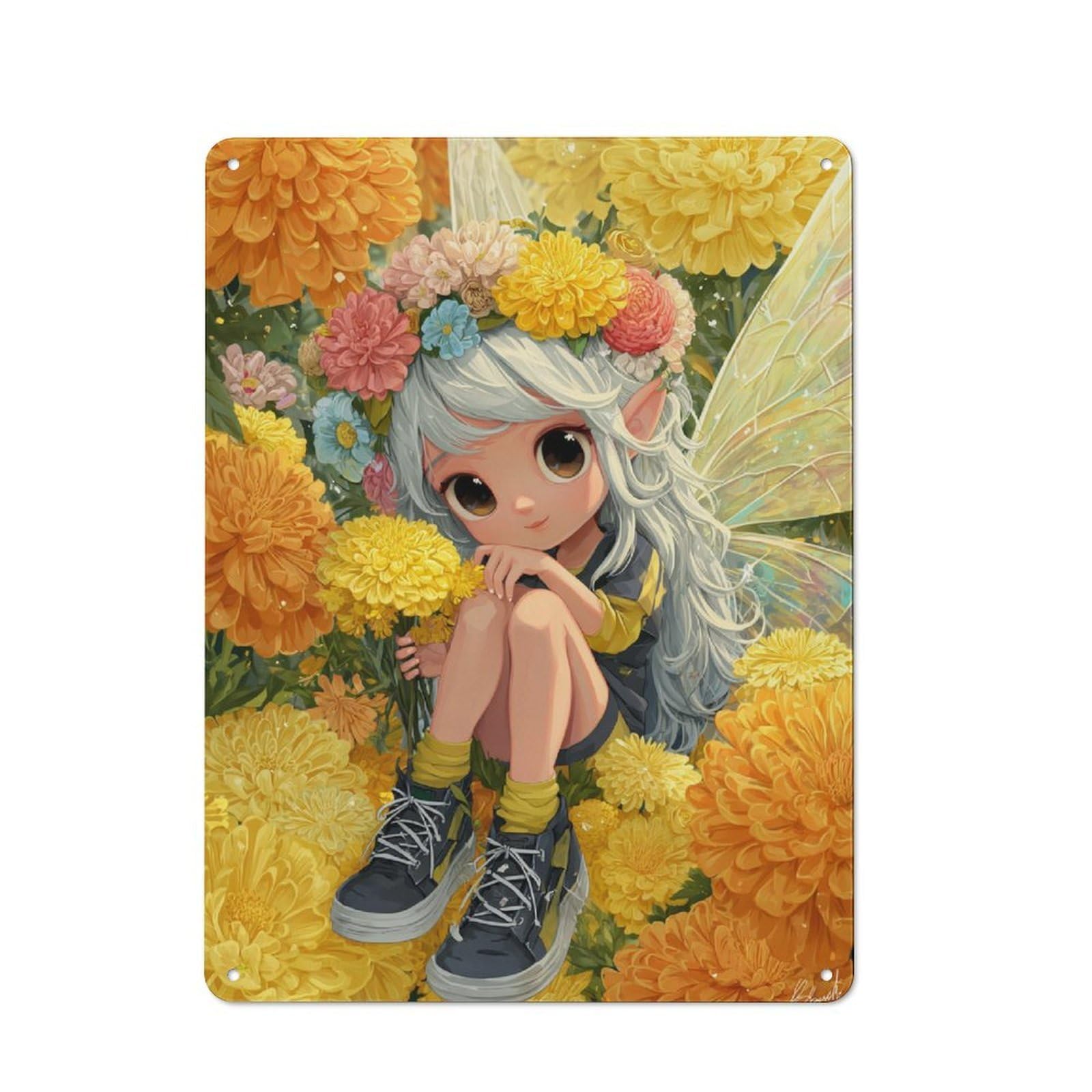 Junmoney Flower Fairy In Bloom Rustic Tin Wall Plaque 40X30cm For Guest Room Or Hallway, For Garage, Workshop And Man Cave Decoration