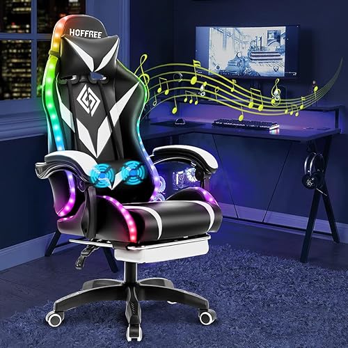 HOFFREE Silla gamer de masaje con altavoces Bluetooth y luces LED, silla ergonómica para computadora y videojuegos con reposapiés, silla de