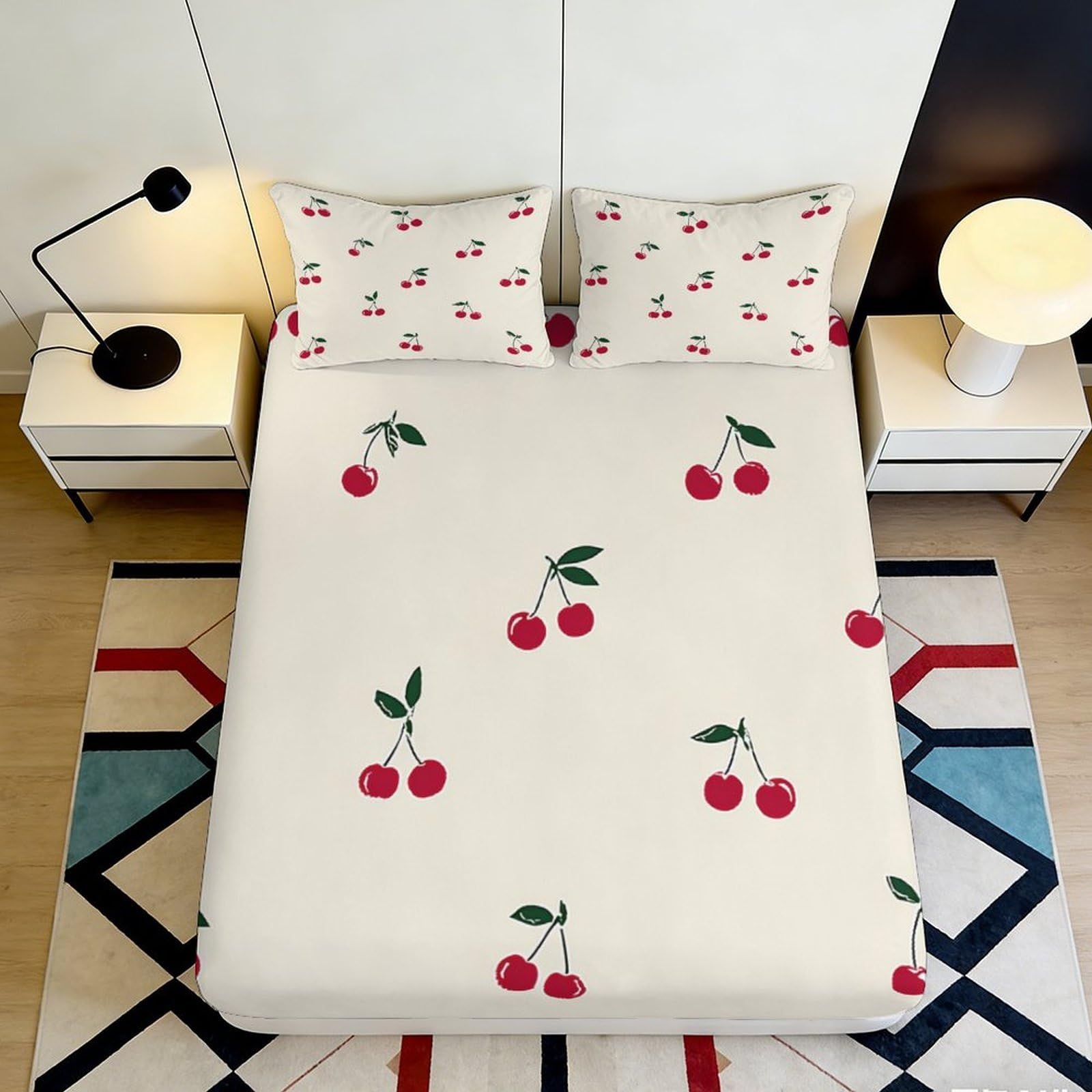 3D Printed Cherry Fitted Sheet Microfiber Deep Pocket Bedroom Bedding Cherry Mattress Fitted Cover Washable Protection 90x200x25cm