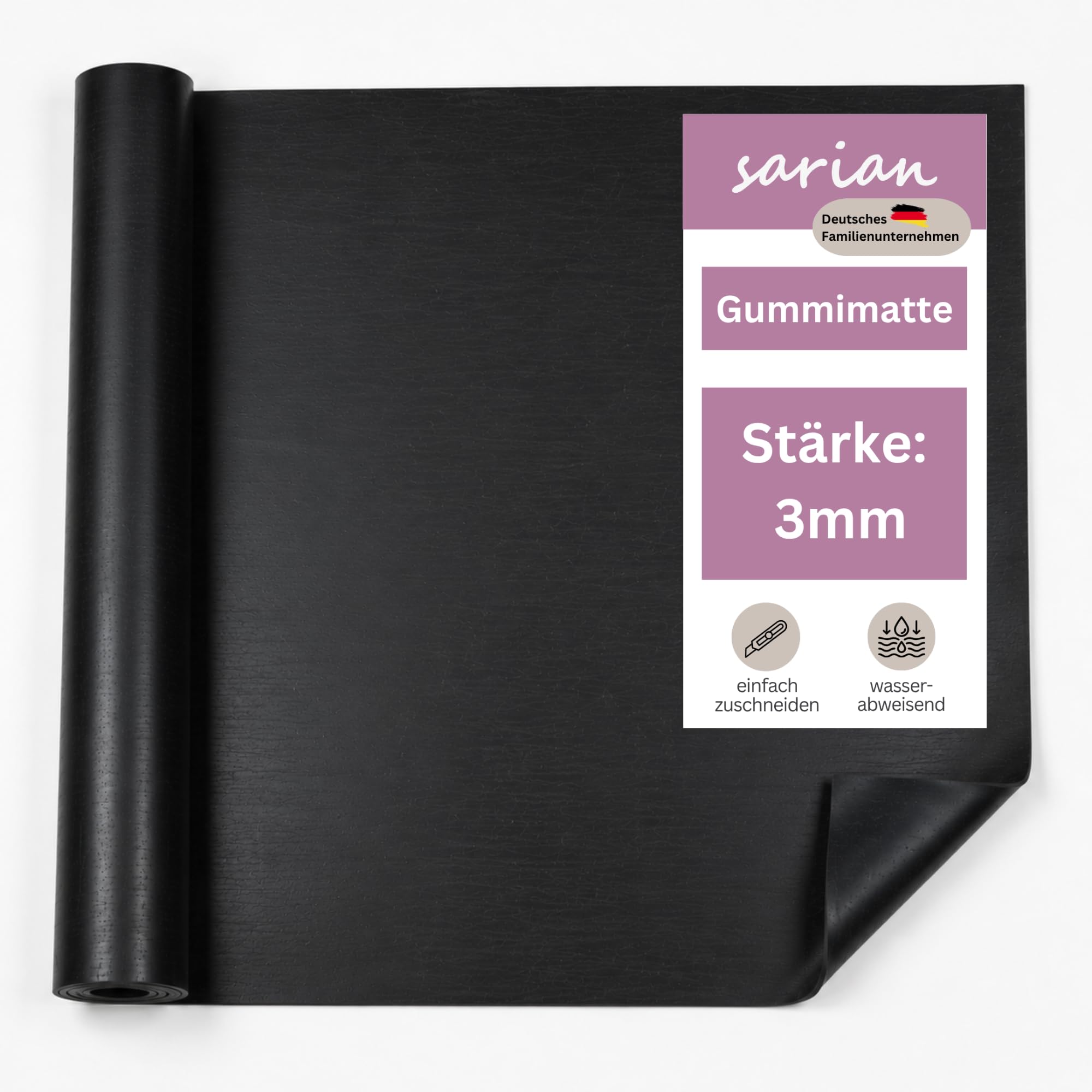 sarian Gummimatte 3mm stark - LÄNGE bis 10 Meter auswählbar - BREITE bis 1 Meter auswählbar - zuschneidbar, wasserdicht, flexibel - Gummileiste Meterware Gummiunterlage Gummidichtung