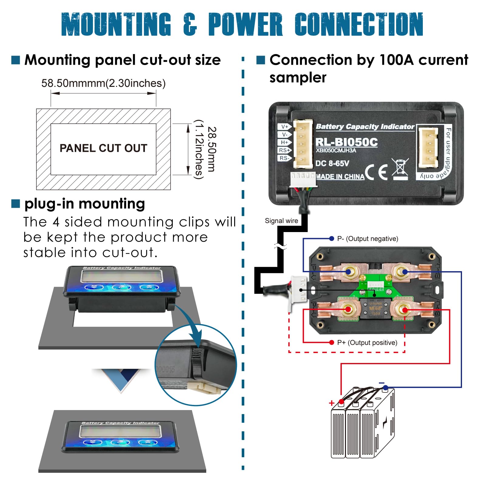 Runleader RL-BI050C Mini Monitor Batteria con Shunt 100A | Capacità Tensione & Contaore per DC 12V 24V 36V 48V LiFePO4 AGM GEL Piombo Acido Trojan Litio Camper Carrello Golf Bici