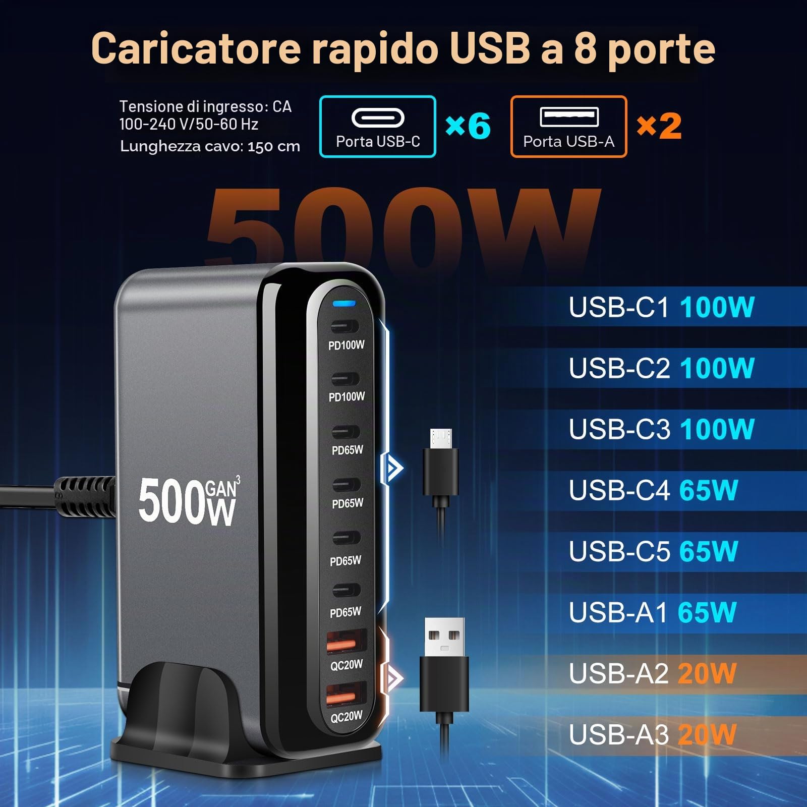 Caricatore Usb Da 500 W, 8 Porte Usb, Ricarica Rapida Per Macbook Pro/Air,Ipad Pro/Air,Sumsung, Nero