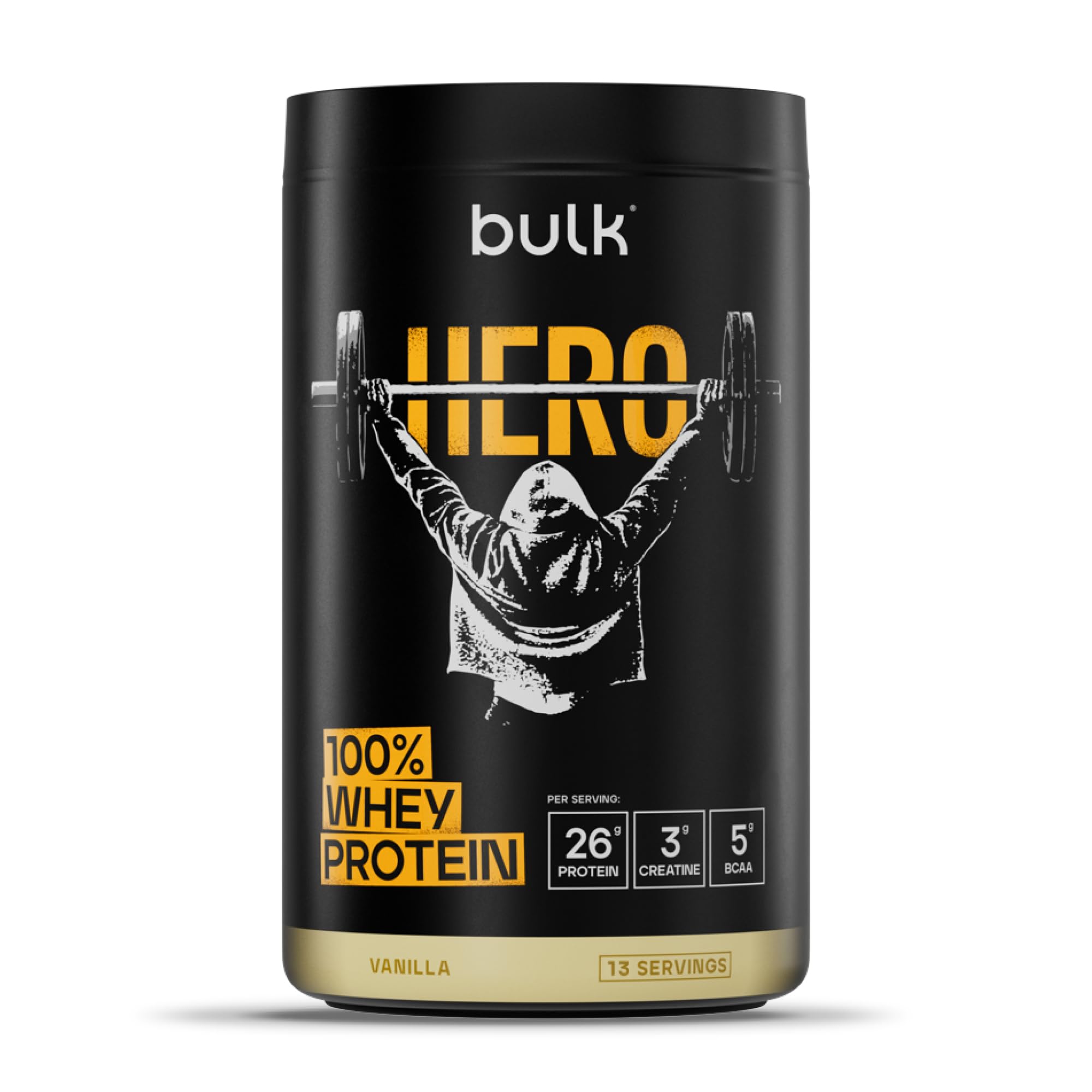 Bulk Hero Whey Protein Powder | Vanilla | 13 Servings | 26g Protein + 3g Creatine | 5g BCAAs | Low Sugar | Fast Absorption | Isolate, Hydrolysed & Concentrate Blend