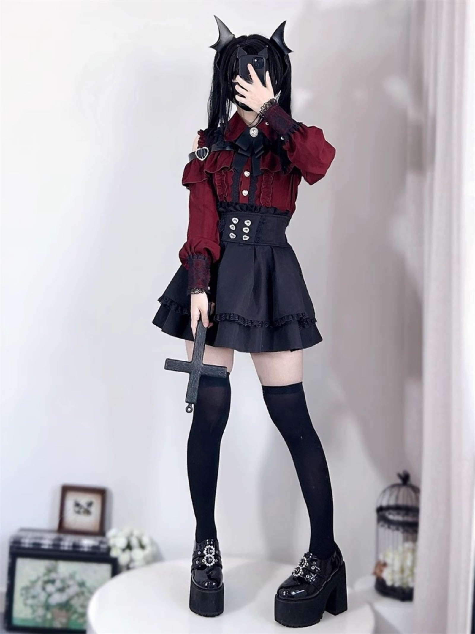 Wayolyn Lolita Shirts Jirai Kei Fashion Kawaii Clothing Goth Shirts Women Lace Mesh Sheer Long Sleeve Blouse: Red X-Large