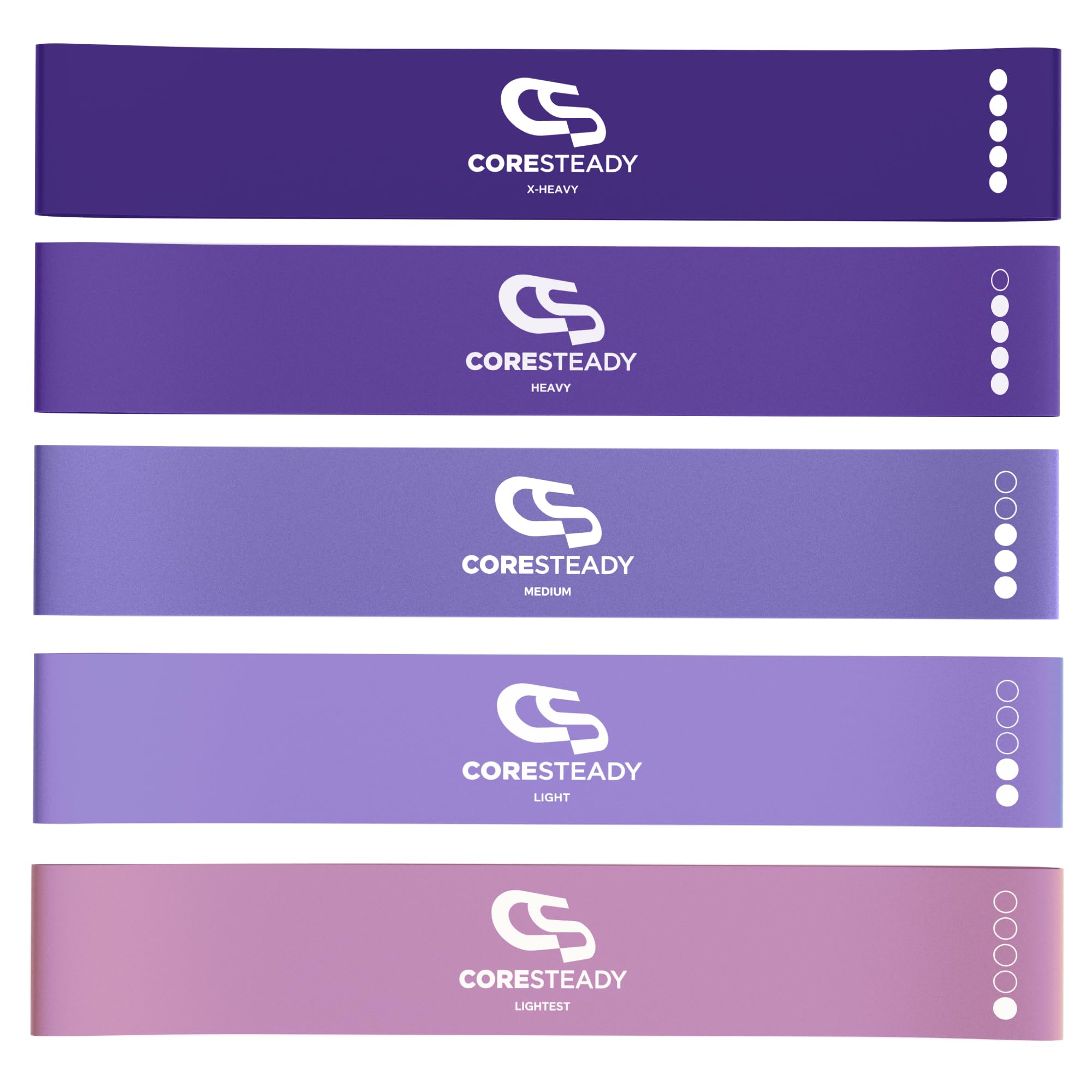Coredsteady Resistance Set of 5 - Mini Fitness & Loop Exercise Bands for Men & Women - Yoga, Body & Gym Sport Strength, Muscle & Tone - With E-Guide & Travel Bag