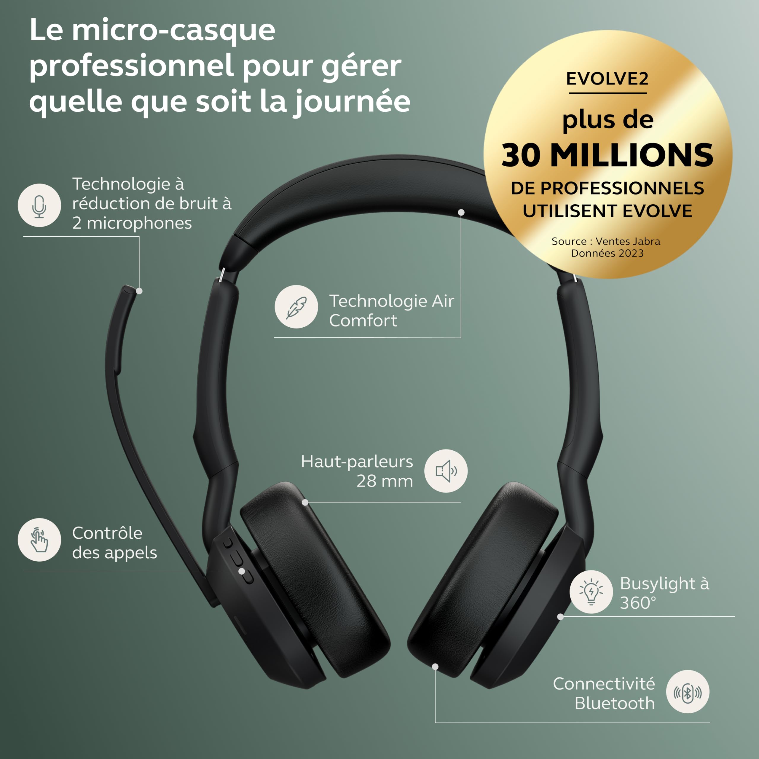 Jabra Evolve2 55, Casque Bluetooth Sans Fil, avec 4 Microphones, Réduction Active du Bruit, Design Léger, 18h Autonomie, Certifié MS Teams, Idéal Bureau & Maison, Noir