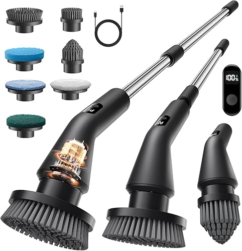 Miniatura 1 de Limpiador giratorio eléctrico, cepillo de limpieza inalámbrico para el hogar, IPX7 impermeable con 7 cabezales de cepillo, mango largo ajustable y 2