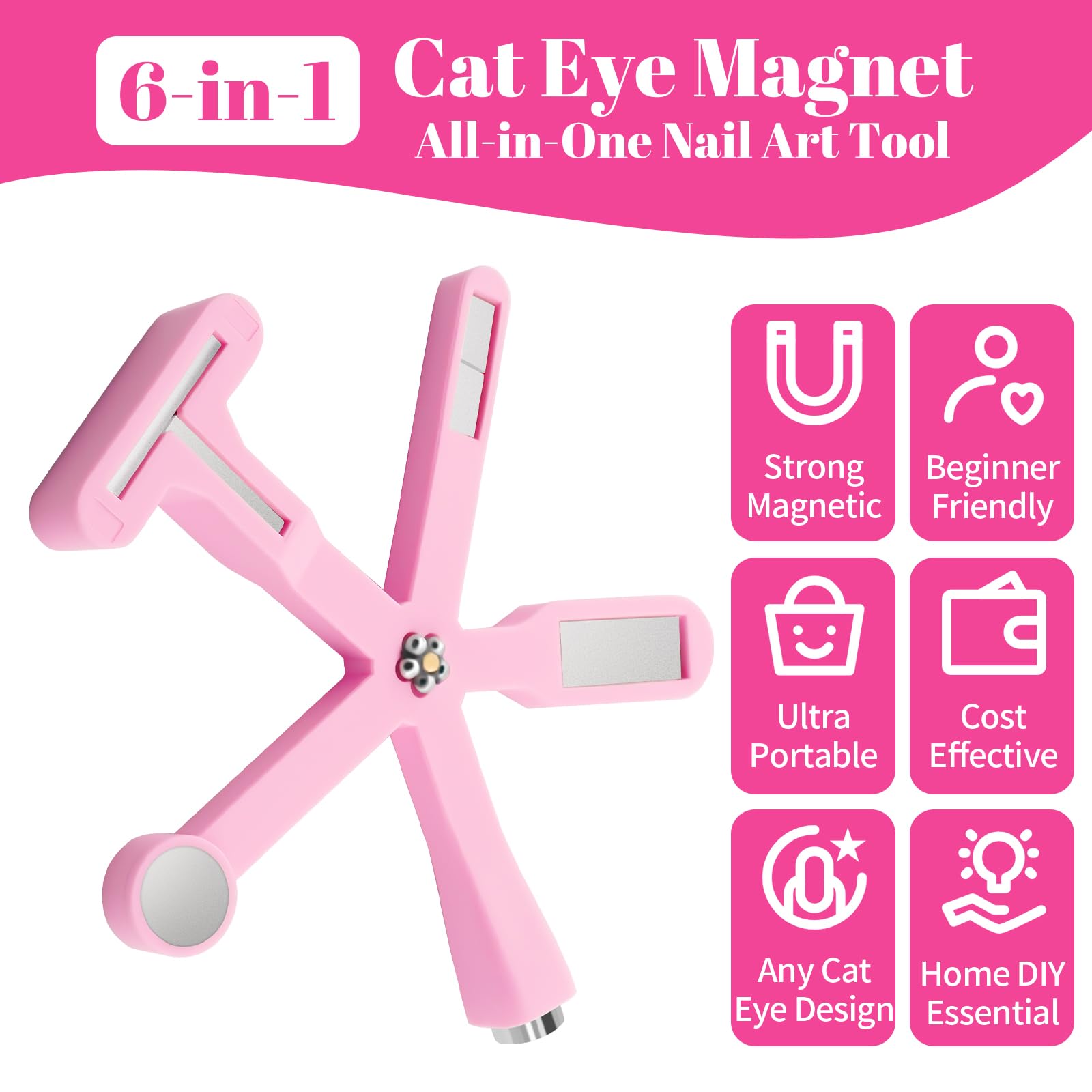 Juego de 3 imanes para arte de uñas, color rosa 6 en 1, forma de Y, doble cabeza y corazón, herramienta magnética para diseños de manicura de gel en salón y hogar 7