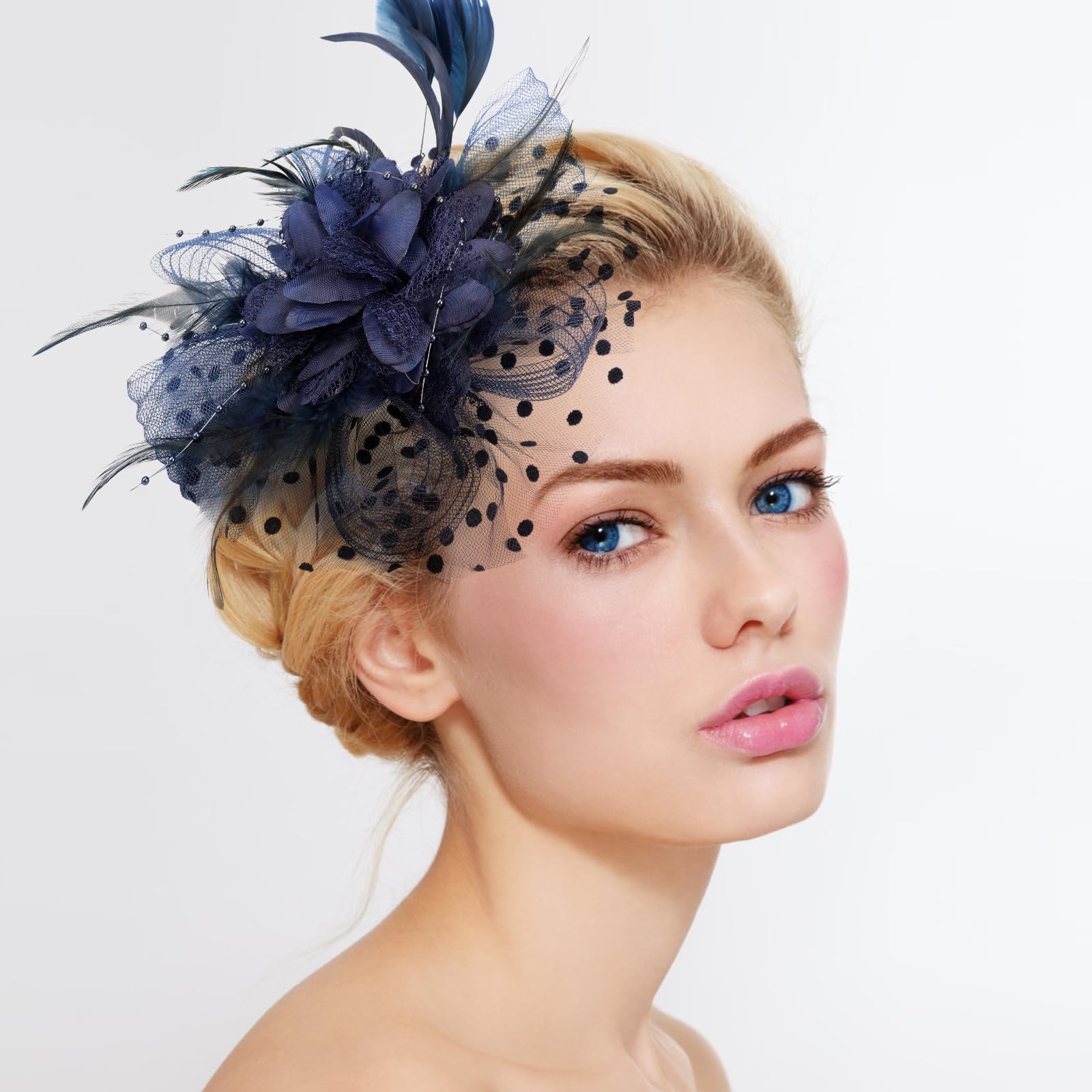 Viiotu Elegant Womens Wedding Fascinator Hat, Feather Mesh Flower Headpiece with Headband & Hair Clip - Image 4