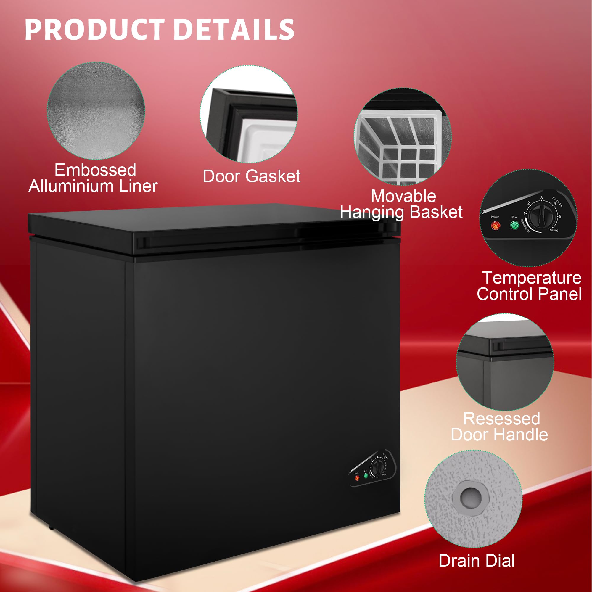 Rosmena Chest Freezer 5.0 Cu Ft, Mini Deep Freezer With Removable Basket, Freestanding Compact Small Freezer, Adjustable 6 Thermostat, Quiet Small Deep Freezer Top Open Door For Dorm/Home(Black) on Fridge.com - View 2