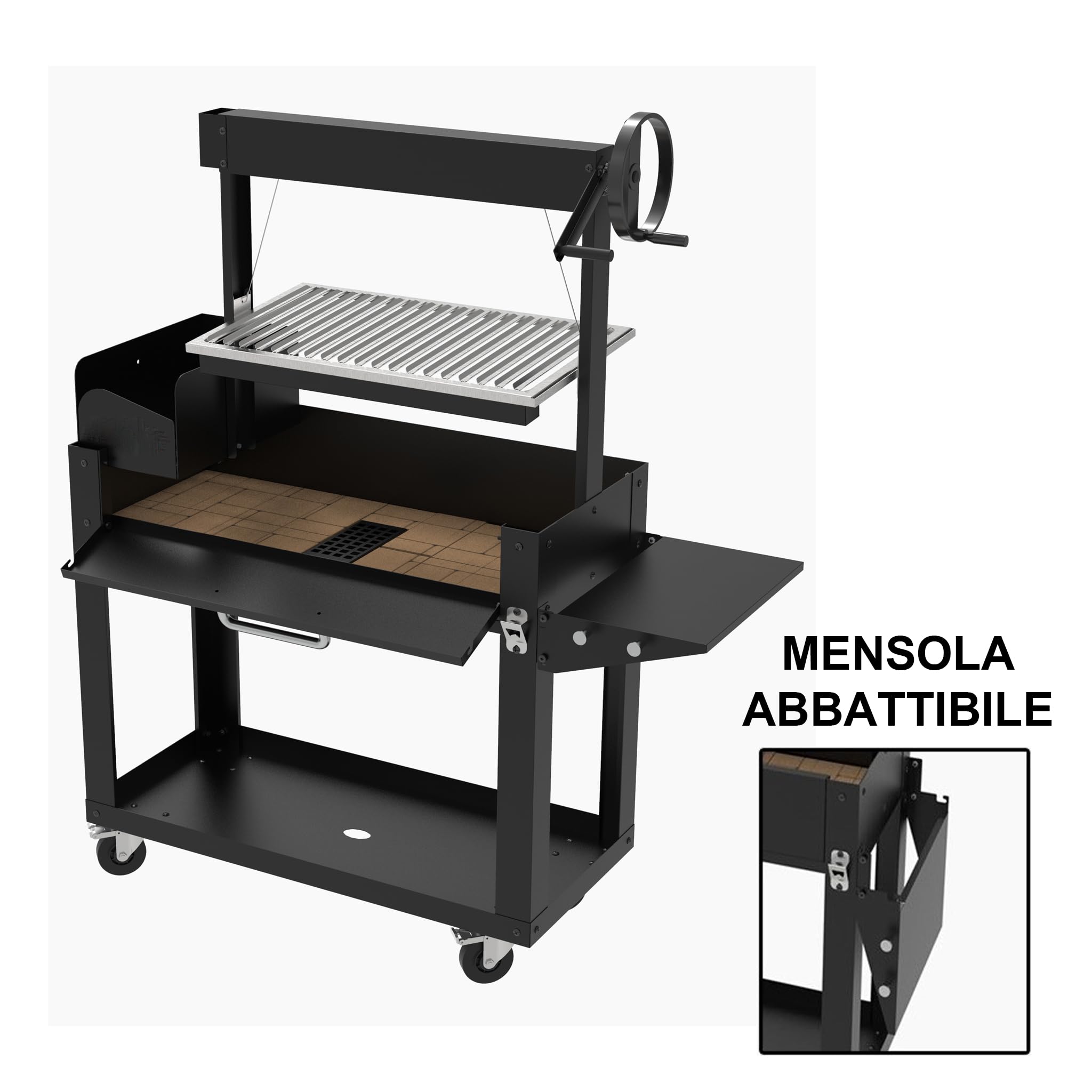 Barbecue a Legna o Carbone "LNG" con Griglia Regolabile a Manovella – Struttura Robusta con Mensola Ribaltabile e Portalegna