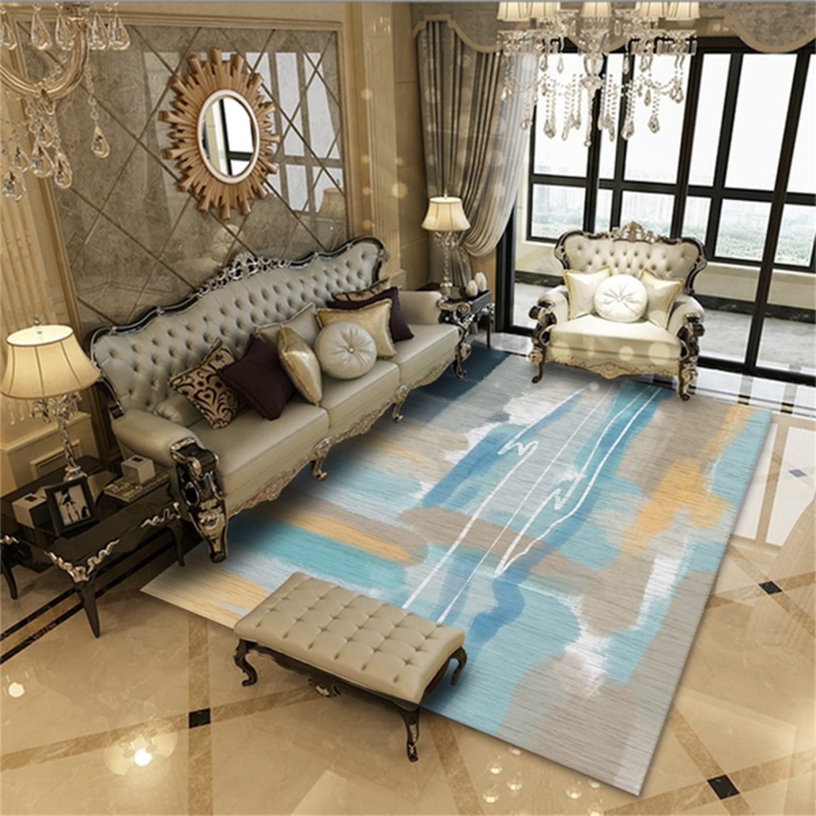 Tapis bleu de salon pour créer une descente de lit moderne dans la chambre