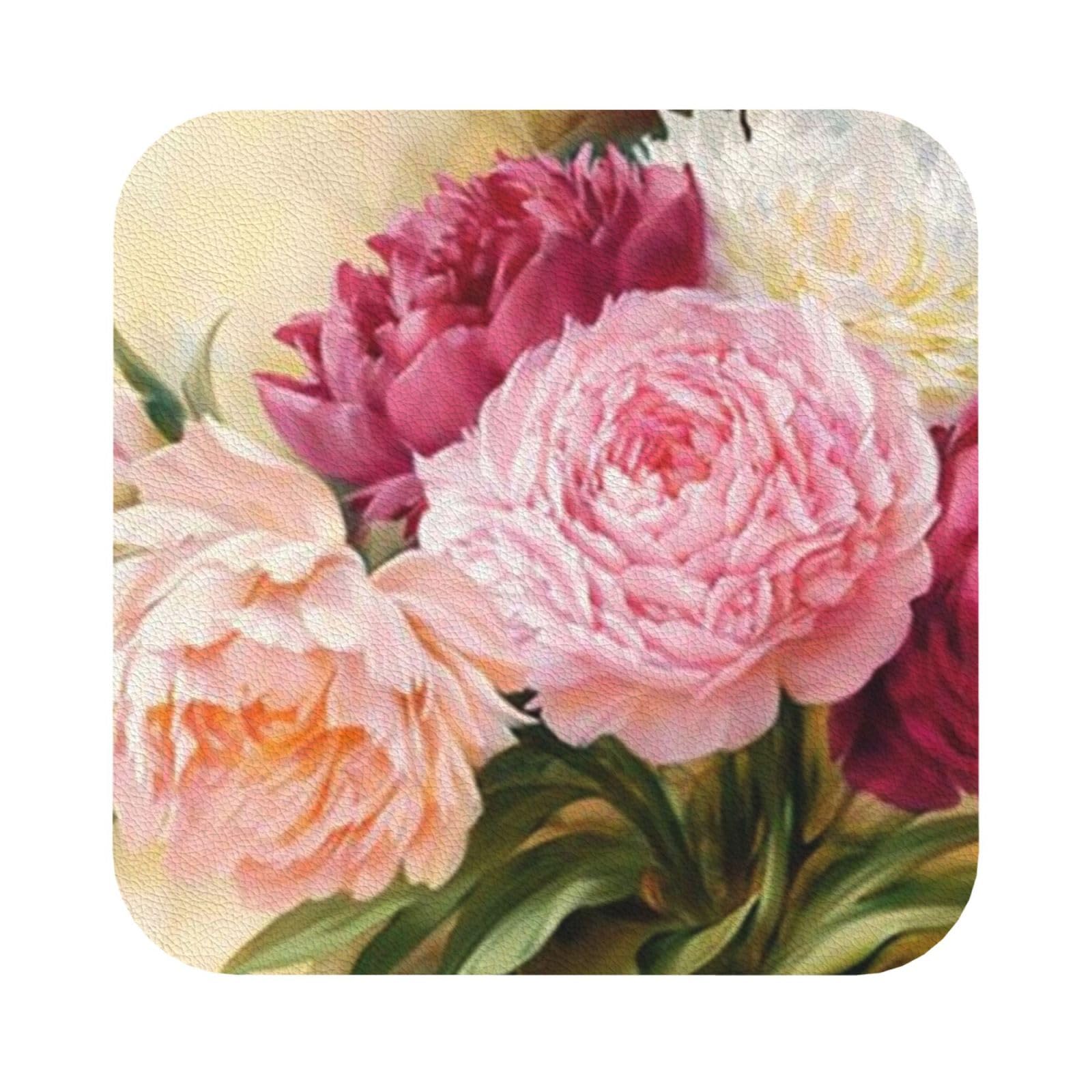 peony flowers blossom PU Leather Coasters Set of 6 Square Drink Coasters