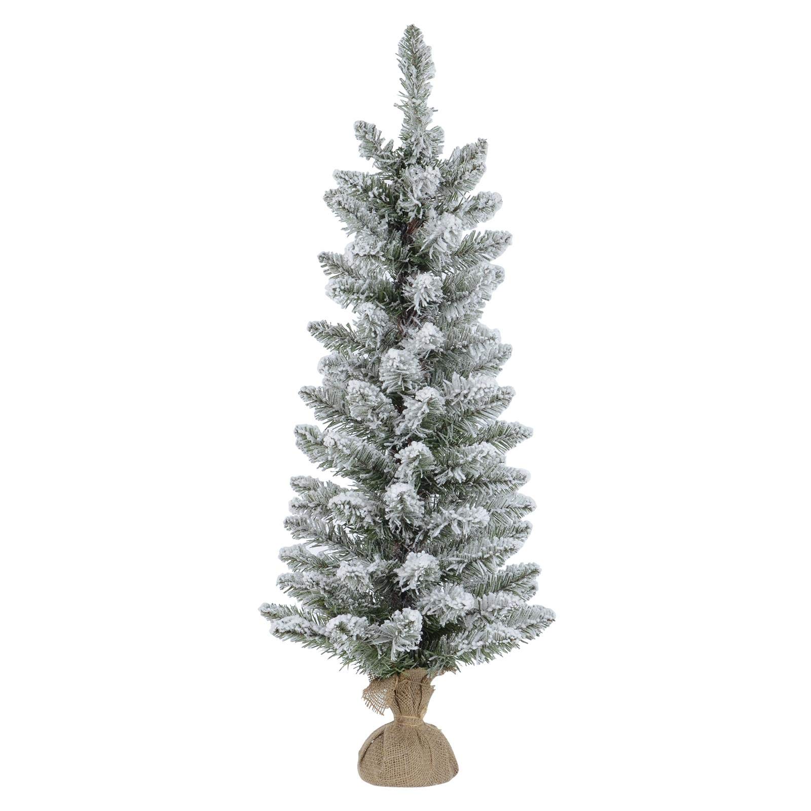 Pencil Christmas Tree Artificial Snow Covered Green Pine Jute Fabric Base 90cm