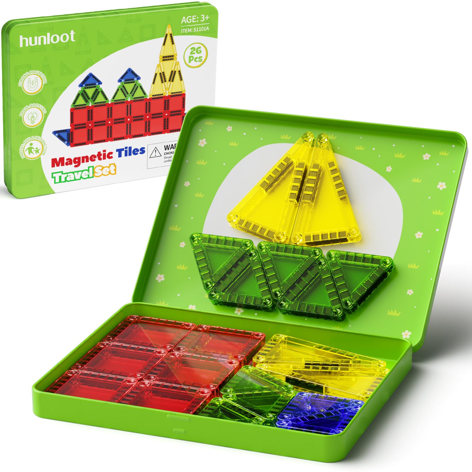 Mini Magnetic Tiles Travel Toys: 26PCS Set,Iron Storage Box,Car Activities