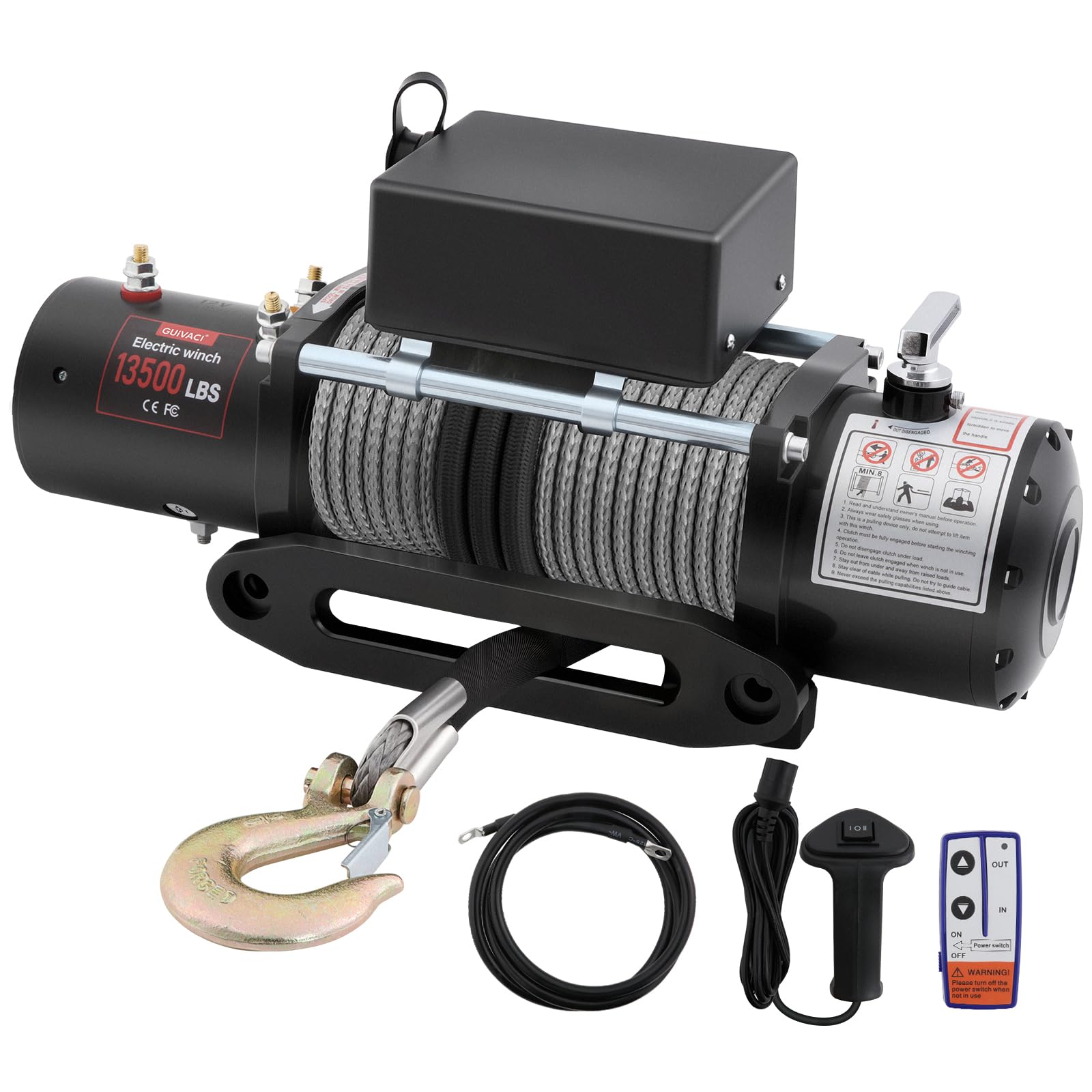 Cabrestante eléctrico 12 V – 6123 kg (13500 lbs), cable sintético de 12 hilos, guía de cable de aluminio, mando a distancia inalámbrico y con cable, IP55, para todoterreno, Jeep y barco