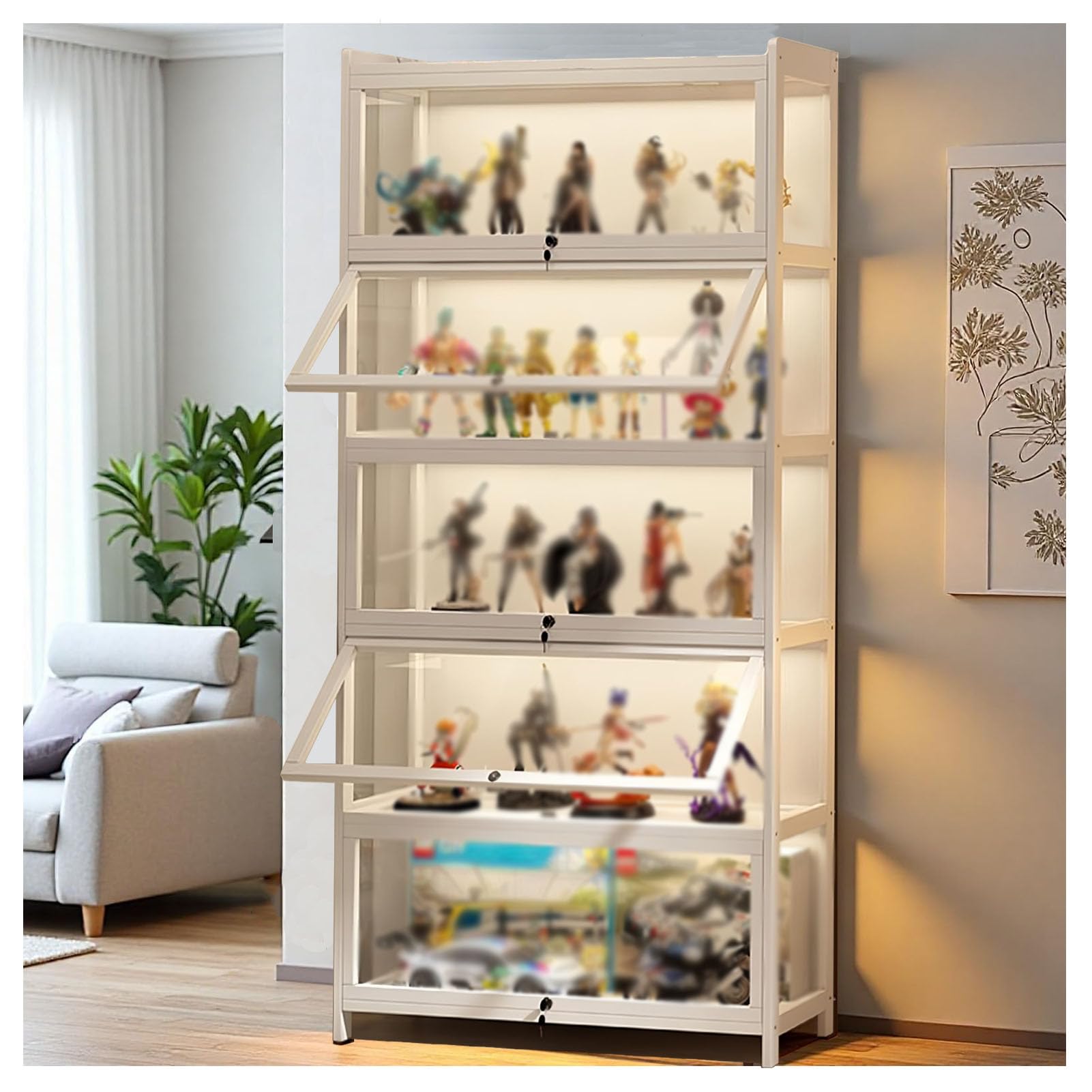 Vetrina Espositiva per Collezionismo,Vetrina per Collezione in Acrilico,Multifunzione Vetrina in Vetro con Serratura/Luce,Vetrina Trasparente per Ufficio Soggiorno(Color:White)