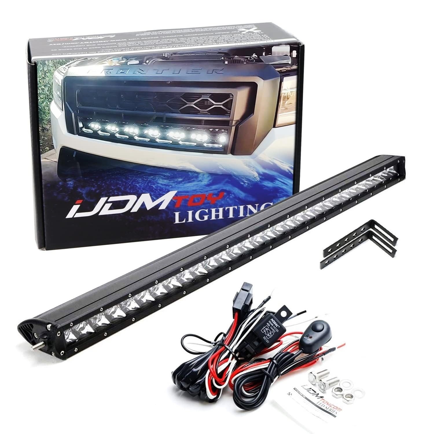 iJDMTOY Behind The Grille Mesh 30-Inch LED Light Bar Kit Compatible with 2022-up Nissan Frontier, Includes 150W Single Row LED Lightbar, Mounting