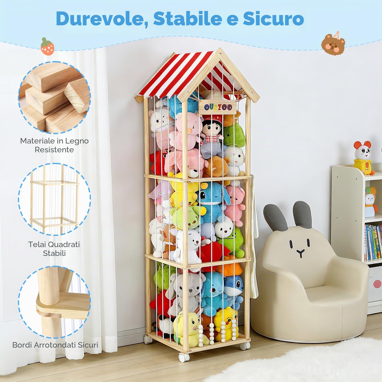 Porta Peluche in Legno Massello, Contenitore per Peluche con Ruote Frenate a 360°, 151x46x46CM per le Camere dei Bambini,Mobili per la Cameretta dei Bambini (Strisce)