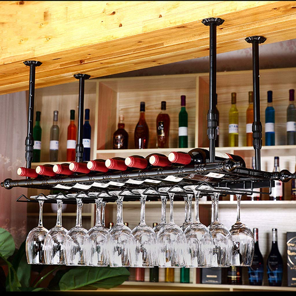 Estante para Botellas de Vino de Pared con Altura Ajustable y Soporte para Copas de Vino Colgante, Barra de Hierro Forjado, Estante Enfriador de Vino para exhibición y Almacenamiento