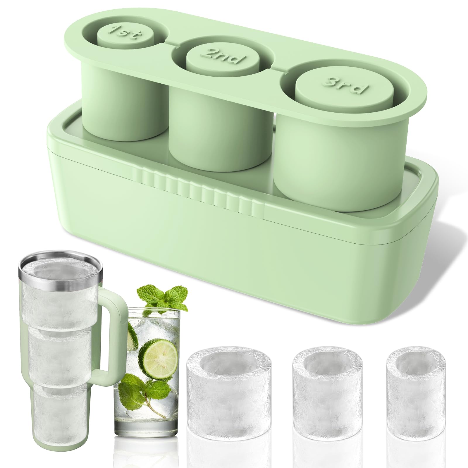 for Stanley Ice Mold,Silicone Ice Cube Tray for Stanley Cup 40 oz,Reusable Tumbler Ice Cube Mold With Lid and Bin for Ice Drink,Mix Juice,Whiskey,Cocktail.BPA Free Ice Cubes Maker (Green)