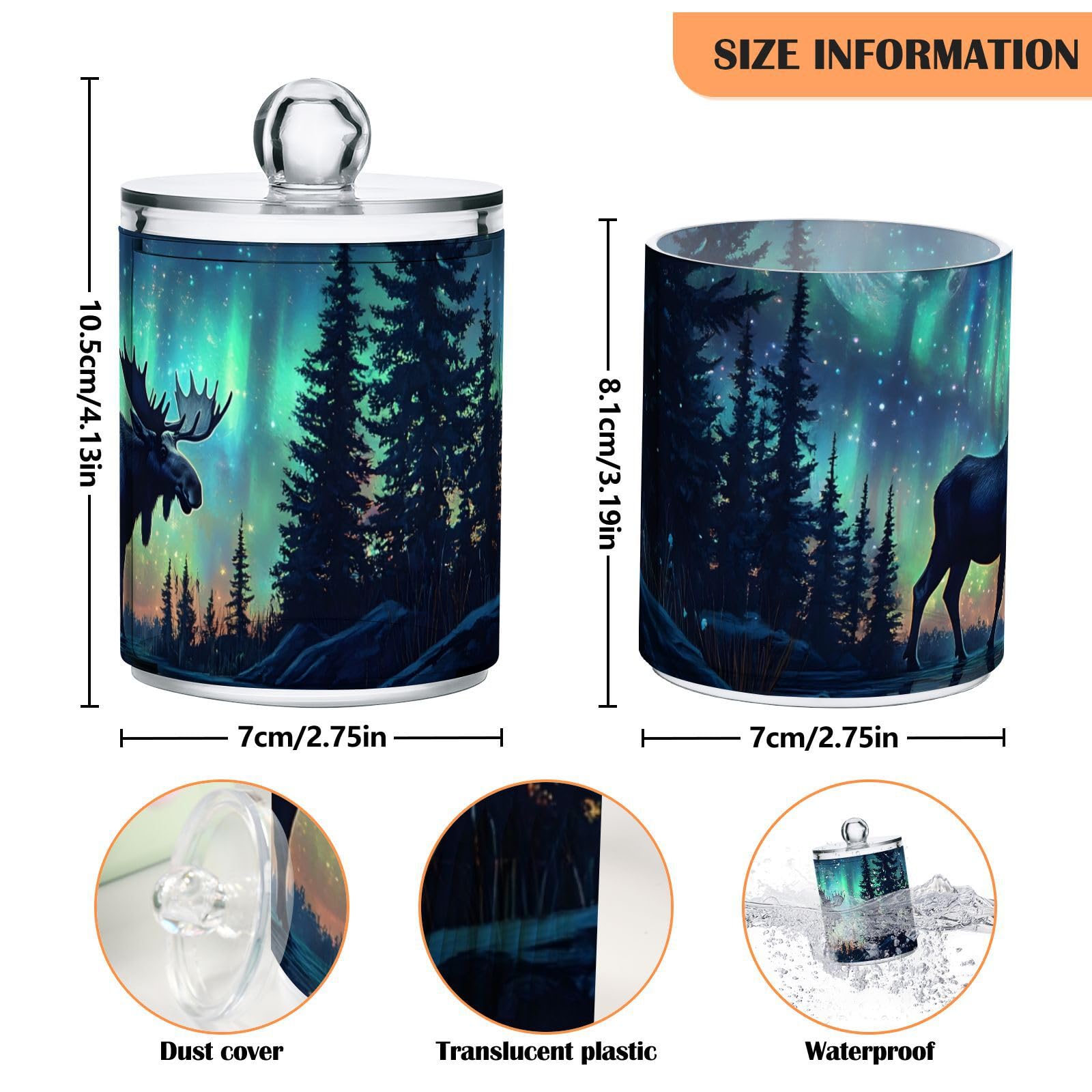 YMGQYJ 2 Pack Aurora Night Moose Qtip Cotton Ball Holder Dispenser with Lid, Plastic Jars Bathroom Canisters Storage Organizer