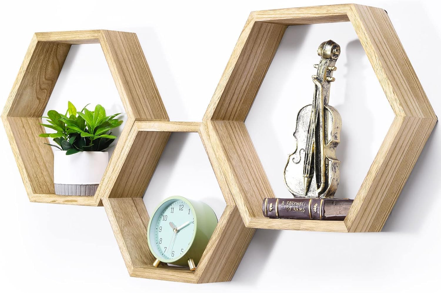 Lot de 3 étagères Murales Hexagonales Flottantes en Bois nid D'abeilles, étagère Murale Hexagonale, Rangement en nid D'abeilles, étagère Suspendue pour la Ferme, la Chambre à coucher, Marron Clair
